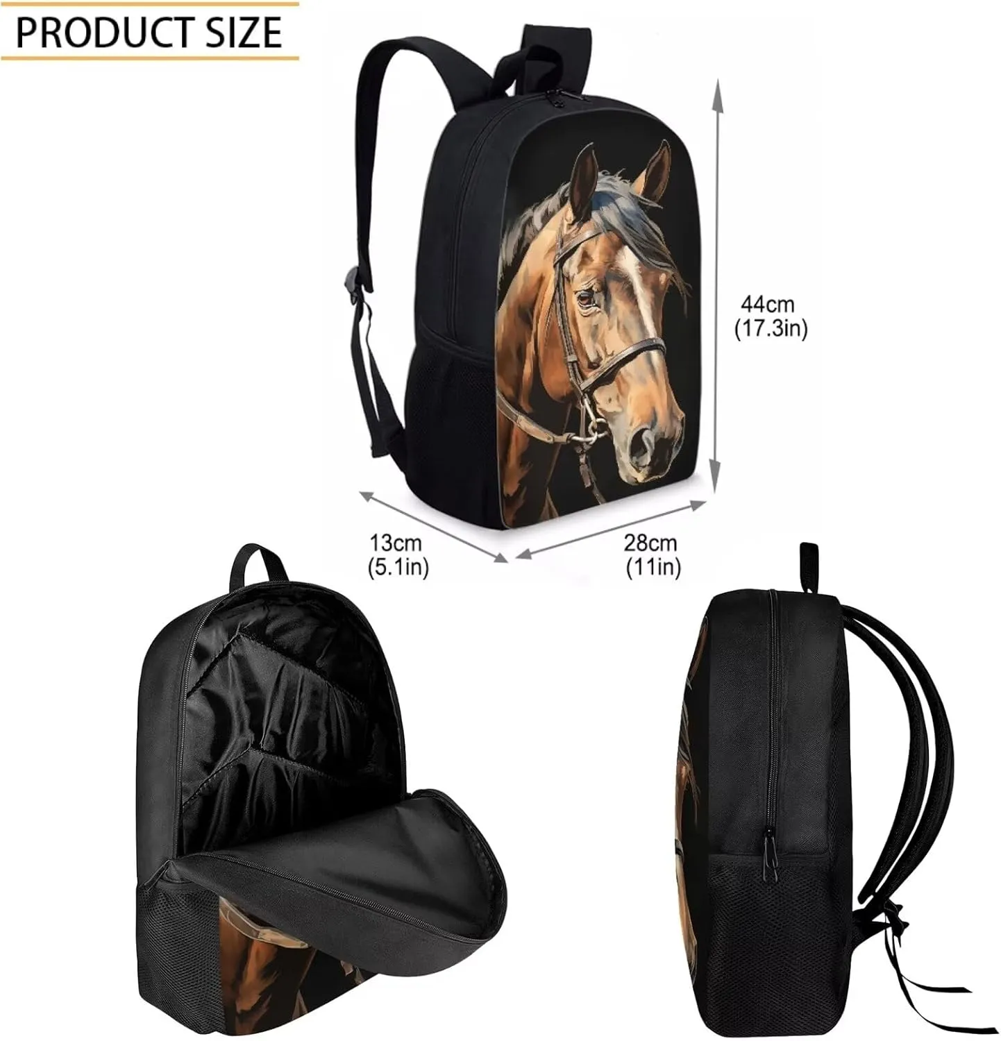 Howilath 3D Brown Horse Print Teenager Backpack Canvas Rucksack School Book Bag with Pencil Case Lunchbox, 17 Inch Backpack for Kids Teen Girls School Student Bookbag Set