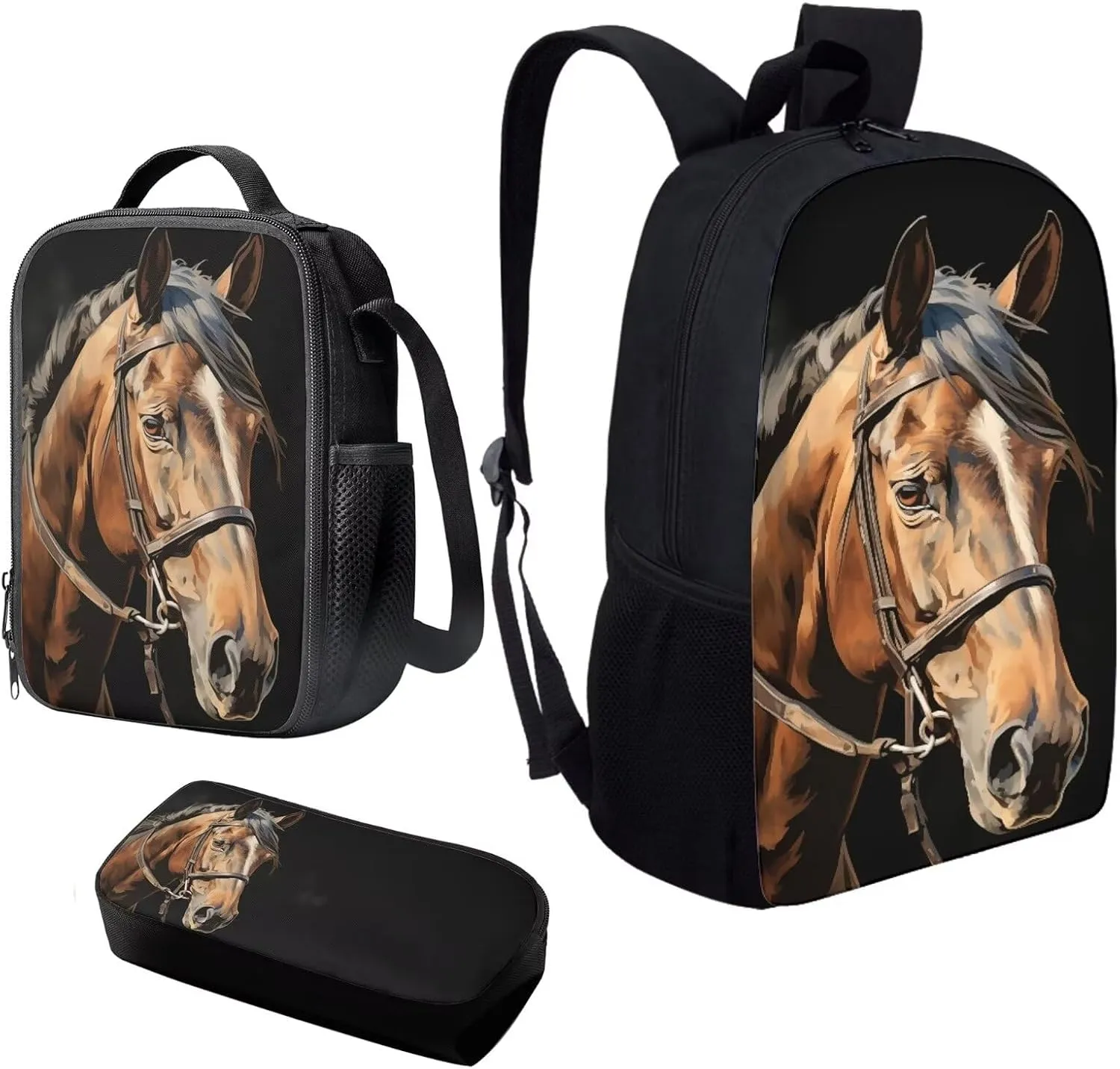 Howilath 3D Brown Horse Print Teenager Backpack Canvas Rucksack School Book Bag with Pencil Case Lunchbox, 17 Inch Backpack for Kids Teen Girls School Student Bookbag Set