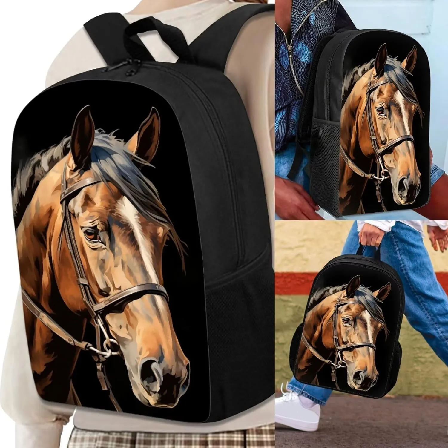 Howilath 3D Brown Horse Print Teenager Backpack Canvas Rucksack School Book Bag with Pencil Case Lunchbox, 17 Inch Backpack for Kids Teen Girls School Student Bookbag Set