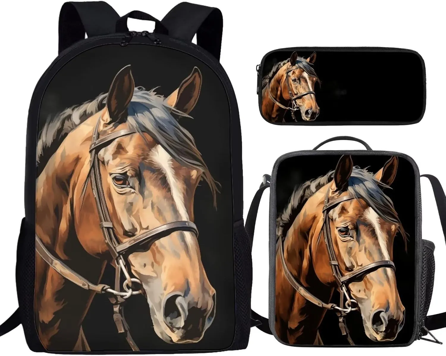Howilath 3D Brown Horse Print Teenager Backpack Canvas Rucksack School Book Bag with Pencil Case Lunchbox, 17 Inch Backpack for Kids Teen Girls School Student Bookbag Set