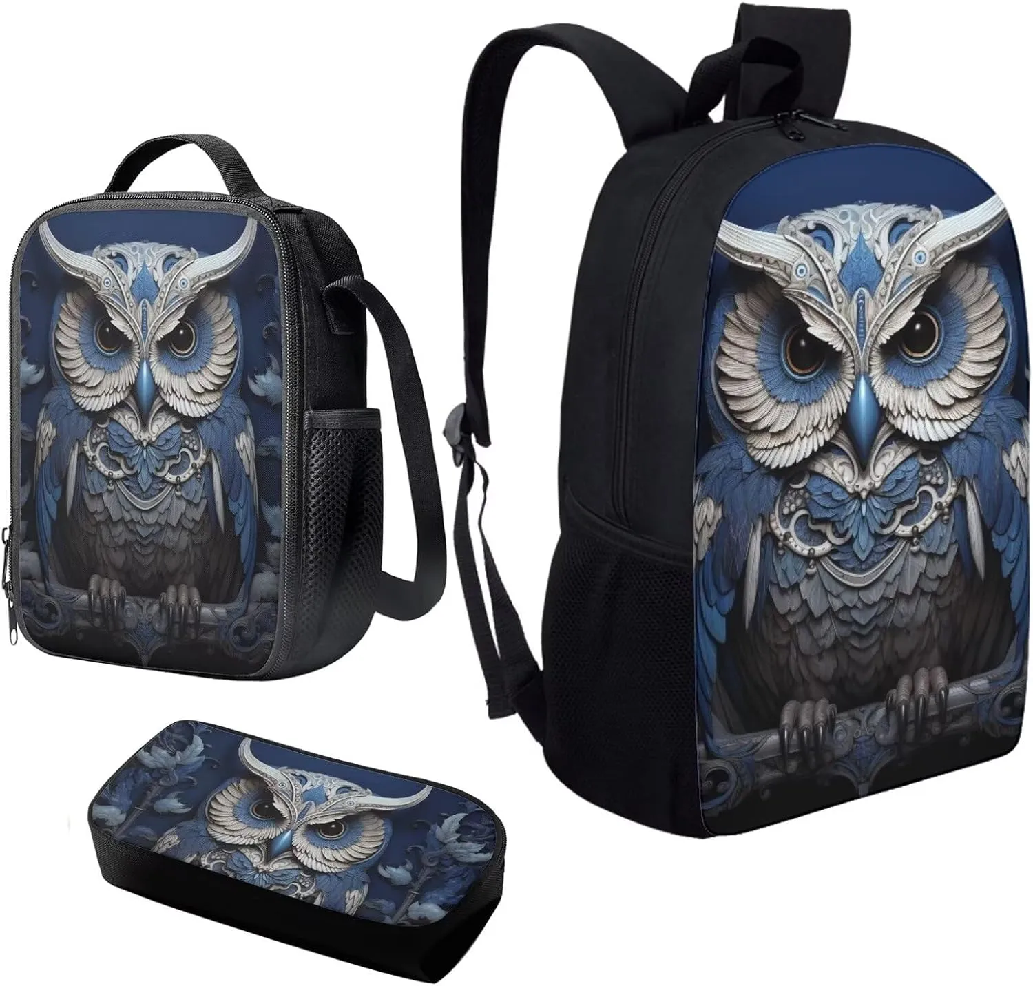 Howilath Armor Owl Canvas School Backpack for Boys, 17 Inch Backpack Set for Teen Boys School Bookbag 3 Pcs Lunch Bag Pencil Case