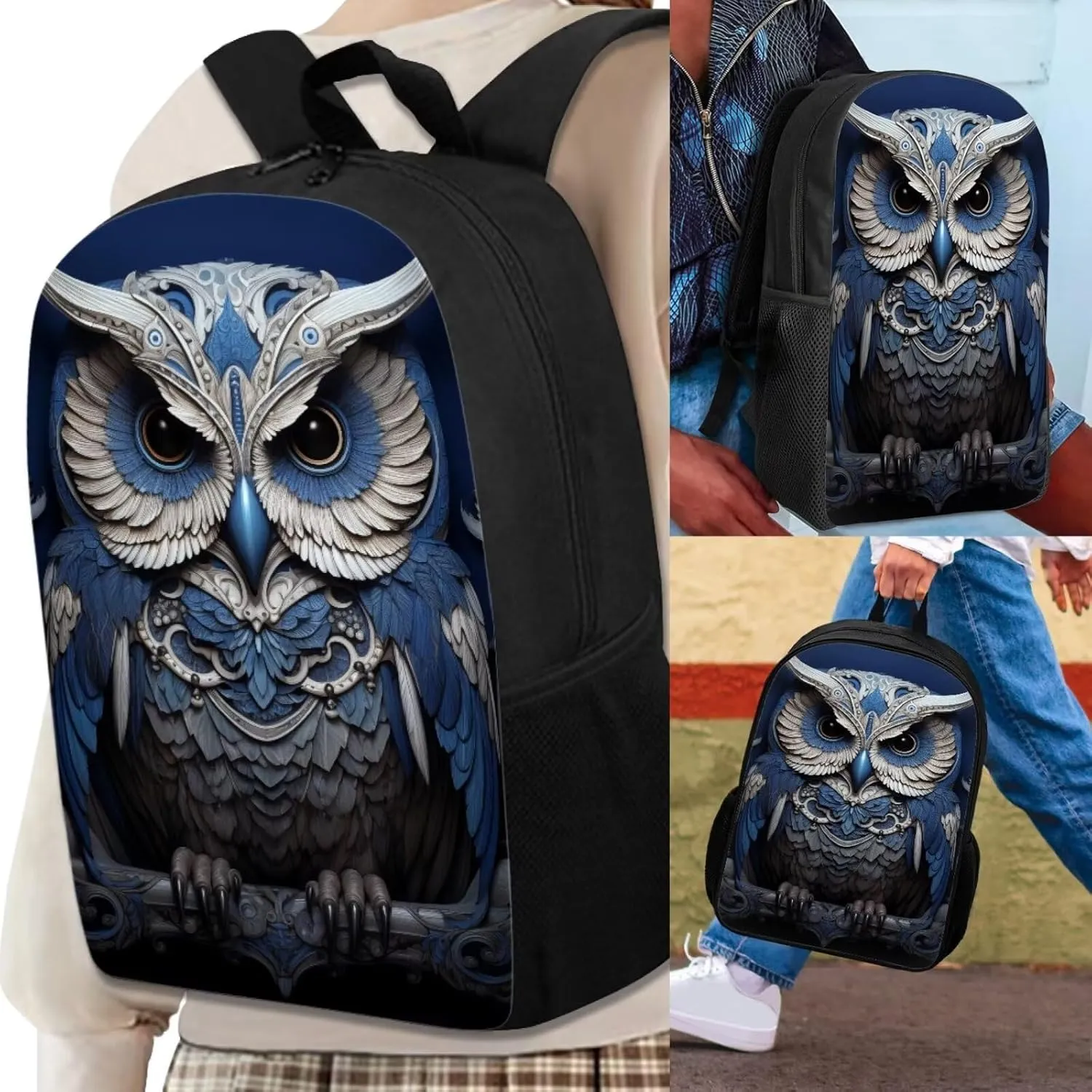 Howilath Armor Owl Canvas School Backpack for Boys, 17 Inch Backpack Set for Teen Boys School Bookbag 3 Pcs Lunch Bag Pencil Case