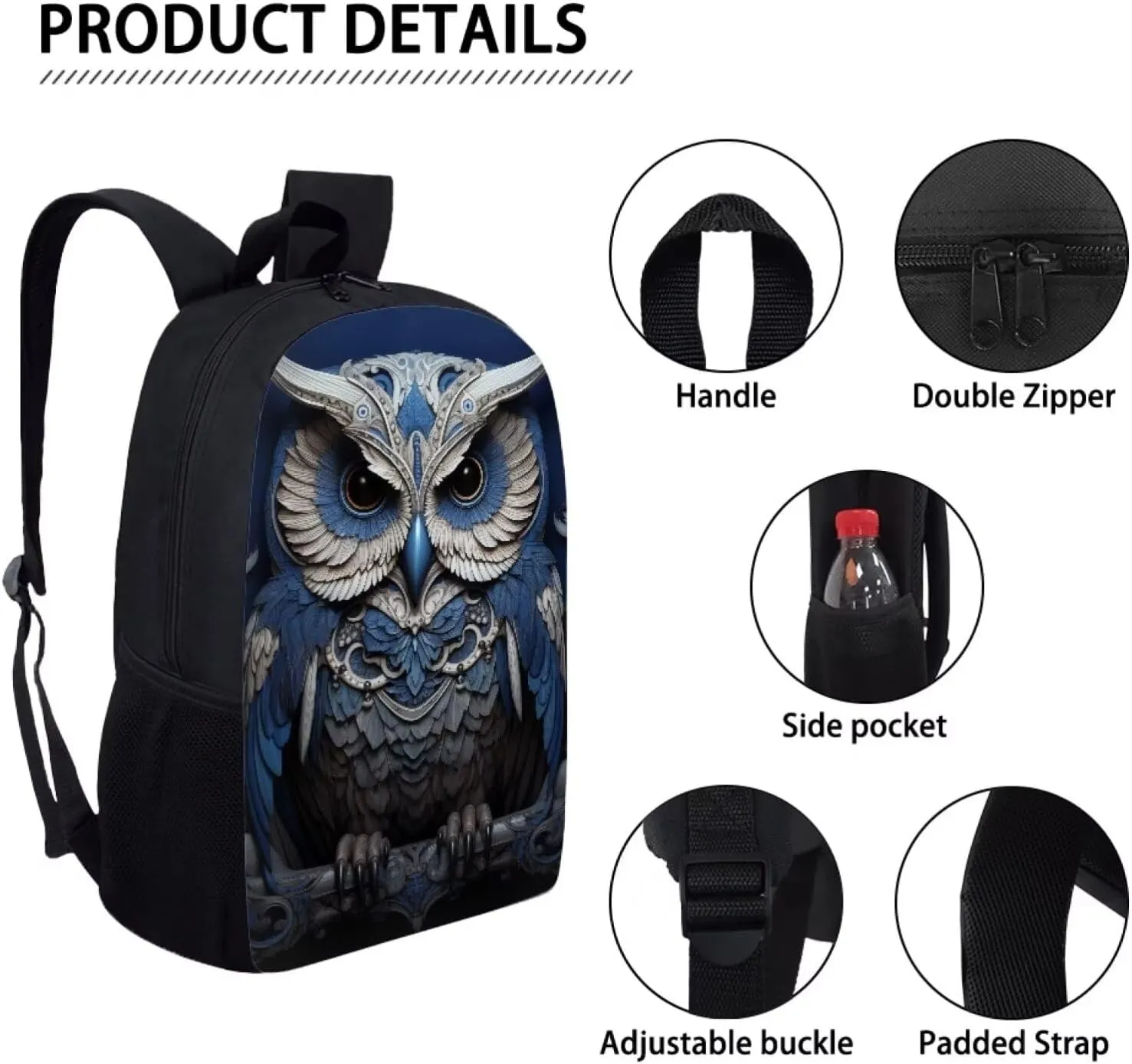 Howilath Armor Owl Canvas School Backpack for Boys, 17 Inch Backpack Set for Teen Boys School Bookbag 3 Pcs Lunch Bag Pencil Case