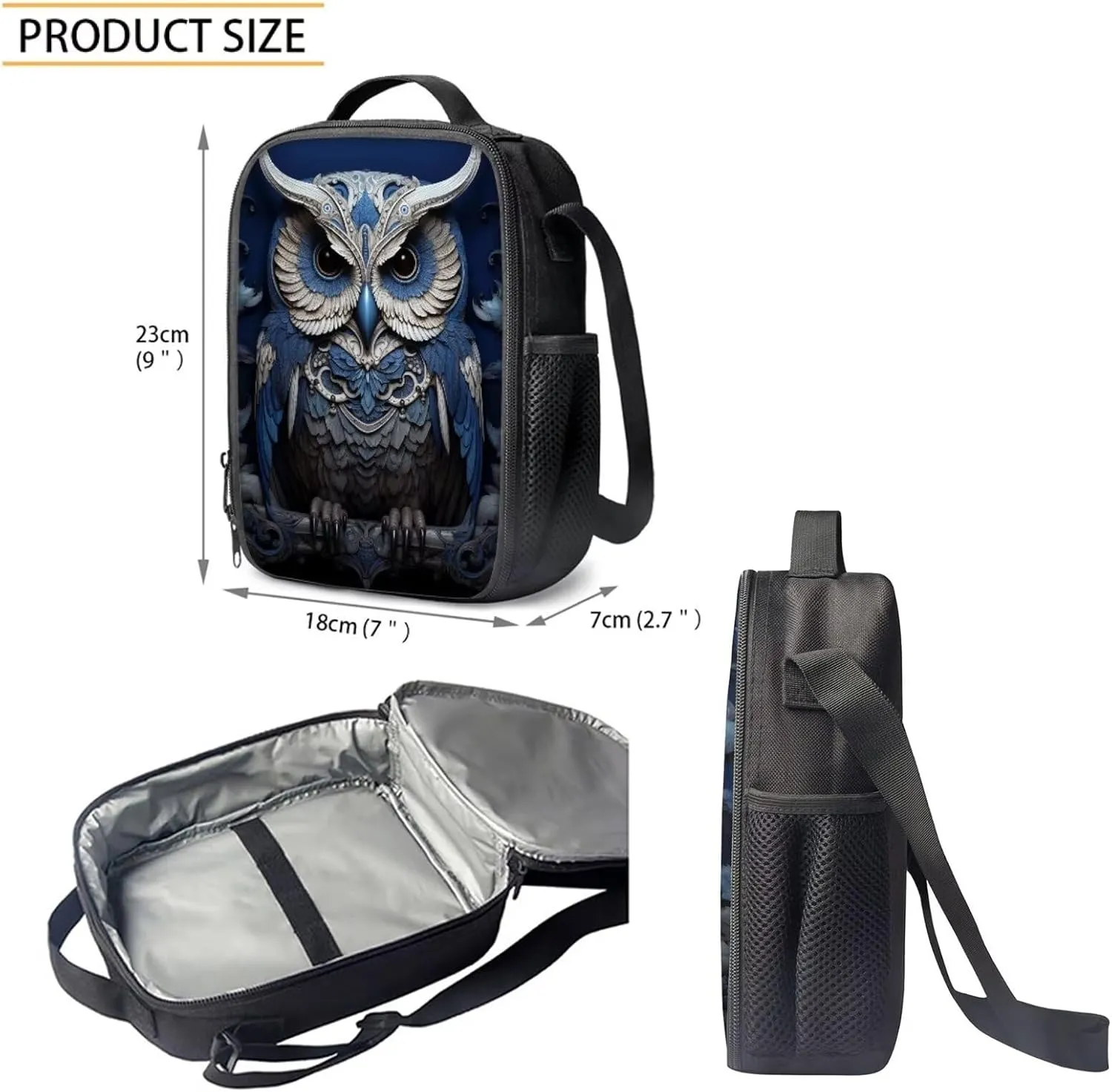 Howilath Armor Owl Canvas School Backpack for Boys, 17 Inch Backpack Set for Teen Boys School Bookbag 3 Pcs Lunch Bag Pencil Case