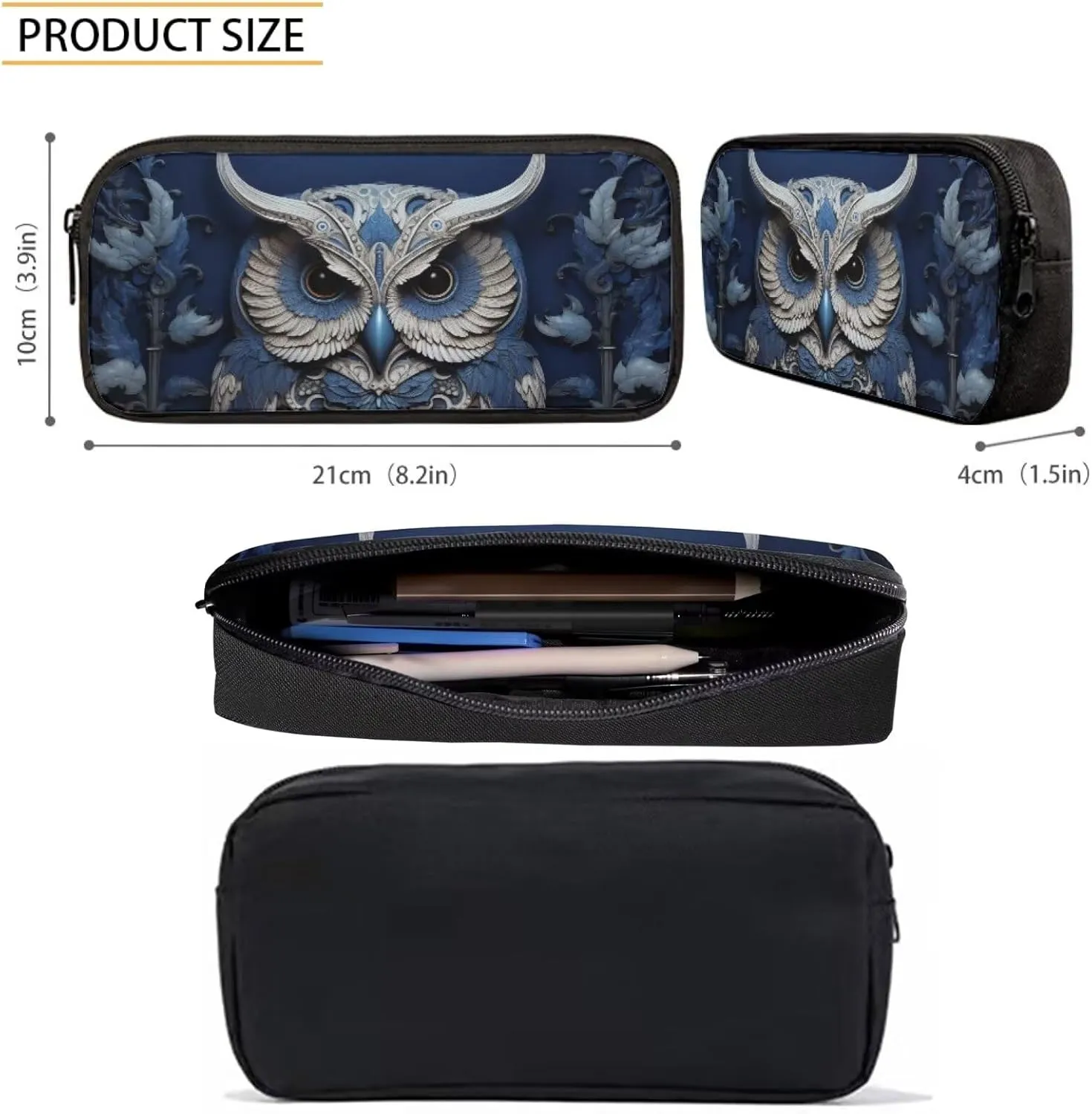 Howilath Armor Owl Canvas School Backpack for Boys, 17 Inch Backpack Set for Teen Boys School Bookbag 3 Pcs Lunch Bag Pencil Case