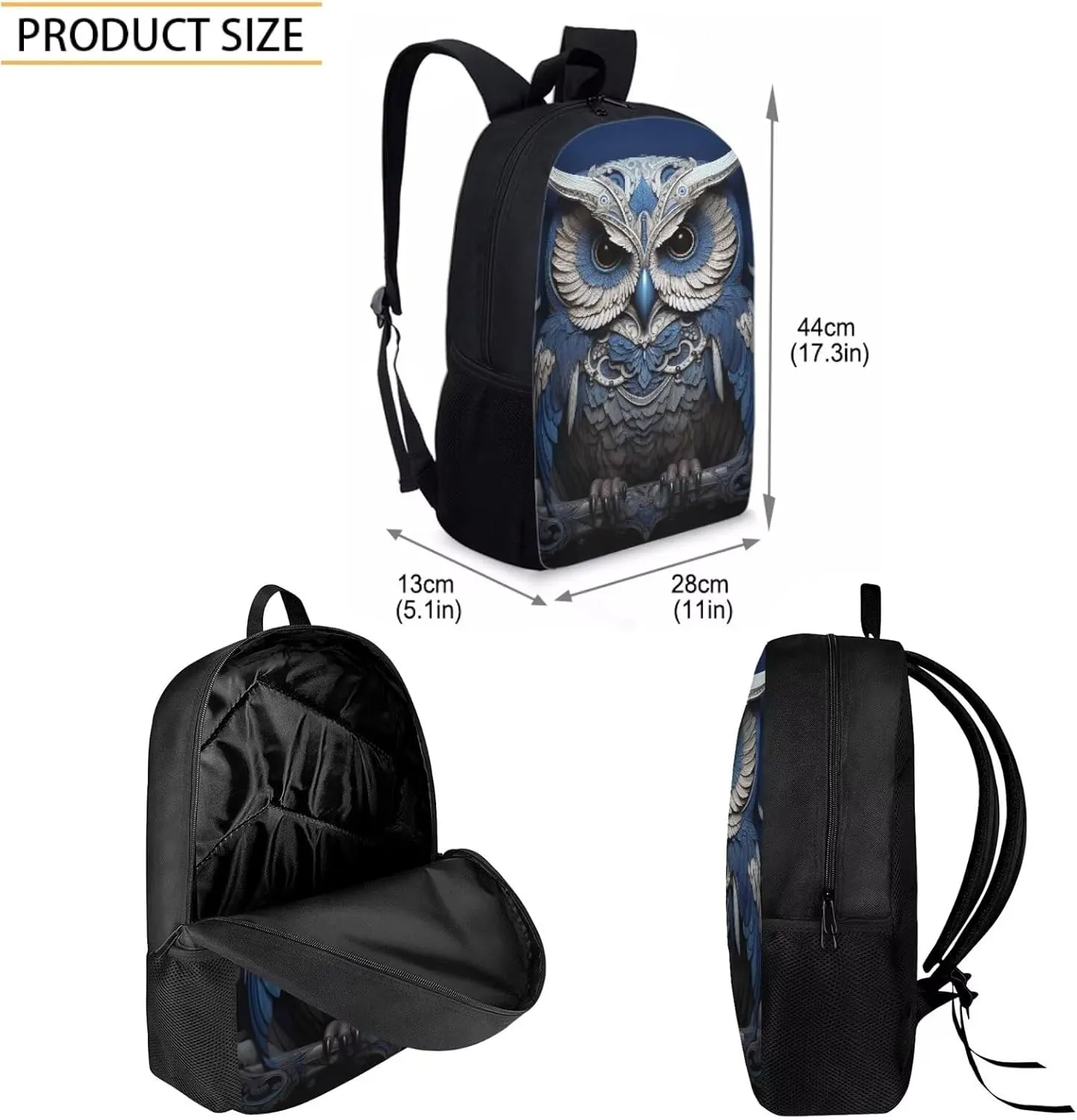 Howilath Armor Owl Canvas School Backpack for Boys, 17 Inch Backpack Set for Teen Boys School Bookbag 3 Pcs Lunch Bag Pencil Case