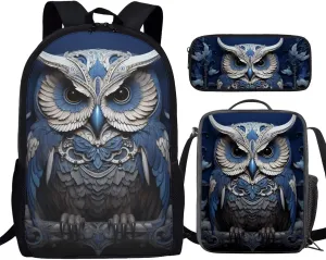 Howilath Armor Owl Canvas School Backpack for Boys, 17 Inch Backpack Set for Teen Boys School Bookbag 3 Pcs Lunch Bag Pencil Case