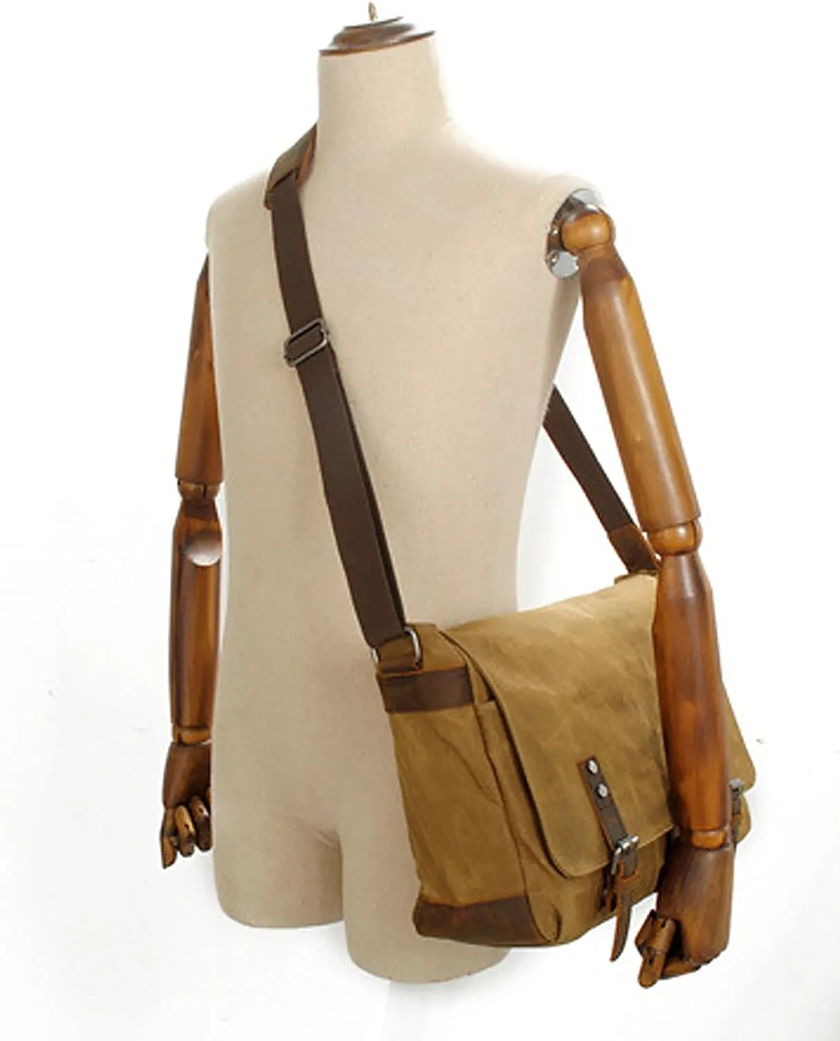 HuaChen Mens Waxed Canvas Messenger Bag Shoulder Satchel Leather Crossbody Bag for Laptop (M49_Khaki)
