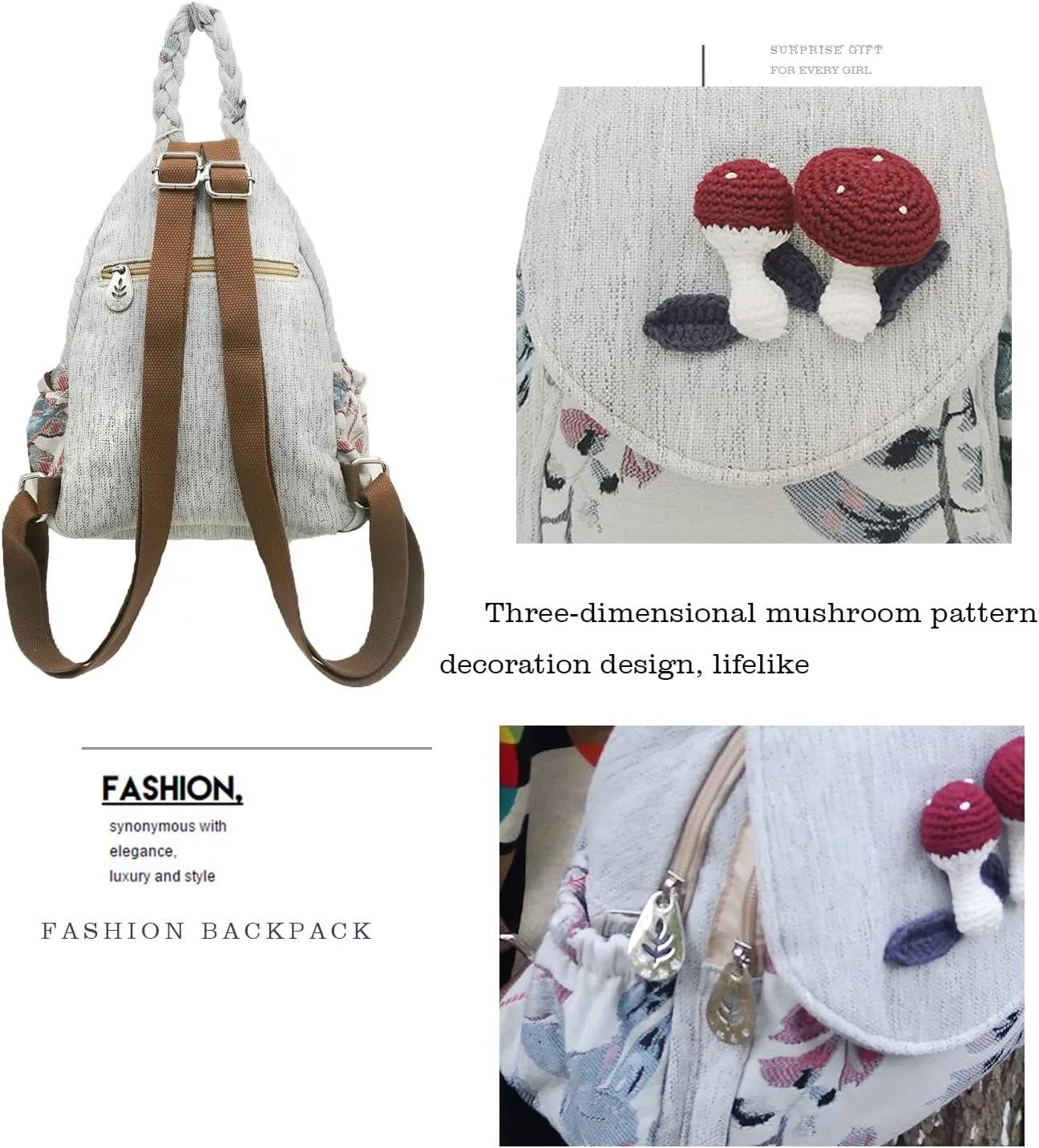 HUANGGUOSHU Women Cotton Woven Hippie Hemp Boho Canvas Embroidery Multi Pocket Retro Cute Backpack Wallet Backpack（Mushroom）