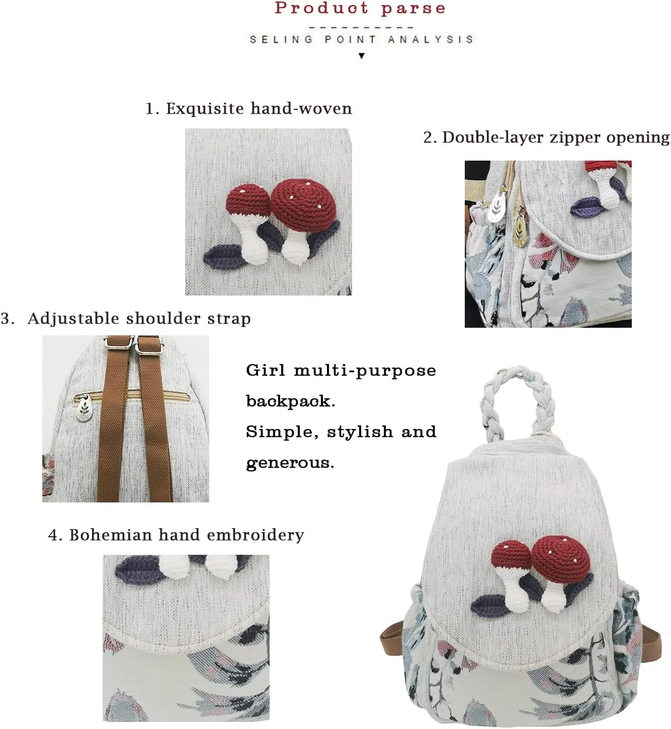 HUANGGUOSHU Women Cotton Woven Hippie Hemp Boho Canvas Embroidery Multi Pocket Retro Cute Backpack Wallet Backpack（Mushroom）