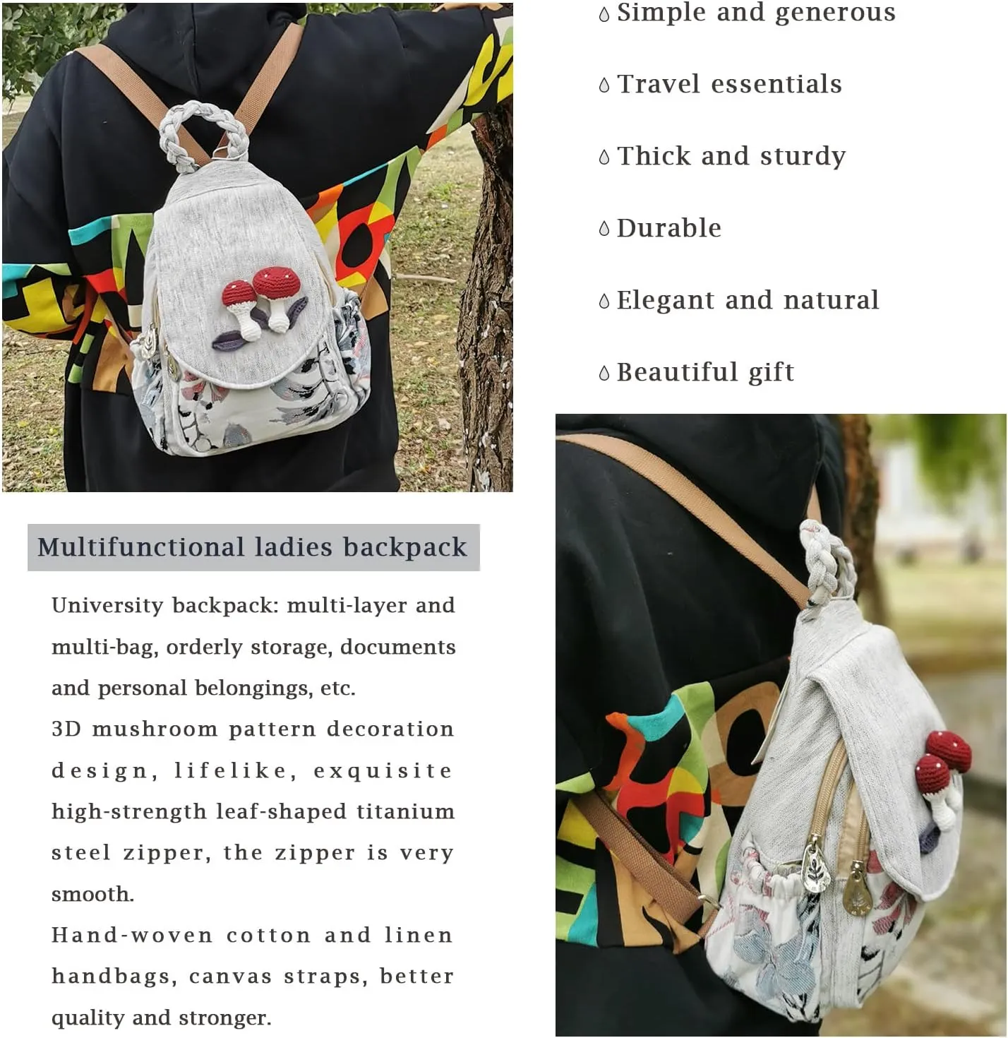 HUANGGUOSHU Women Cotton Woven Hippie Hemp Boho Canvas Embroidery Multi Pocket Retro Cute Backpack Wallet Backpack（Mushroom）
