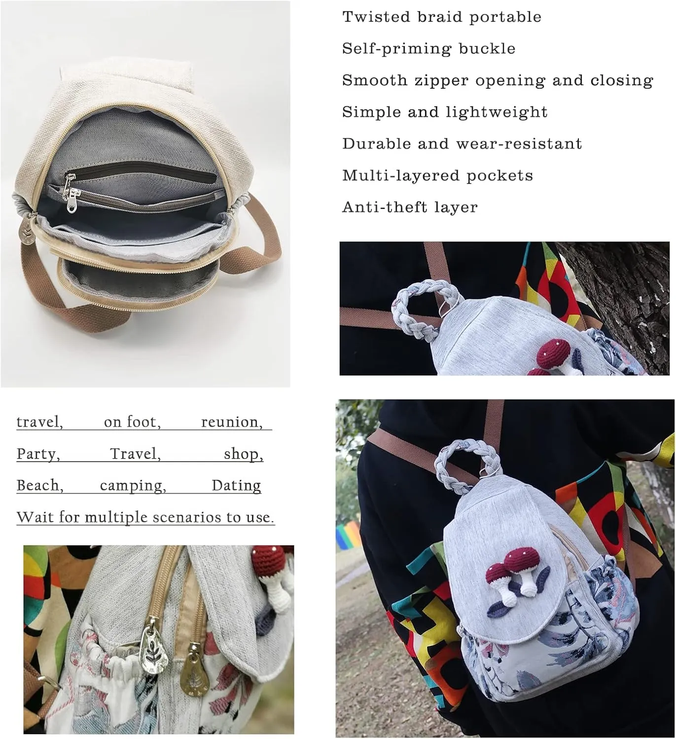 HUANGGUOSHU Women Cotton Woven Hippie Hemp Boho Canvas Embroidery Multi Pocket Retro Cute Backpack Wallet Backpack（Mushroom）