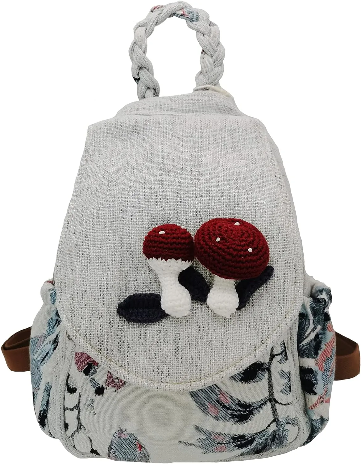 HUANGGUOSHU Women Cotton Woven Hippie Hemp Boho Canvas Embroidery Multi Pocket Retro Cute Backpack Wallet Backpack（Mushroom）