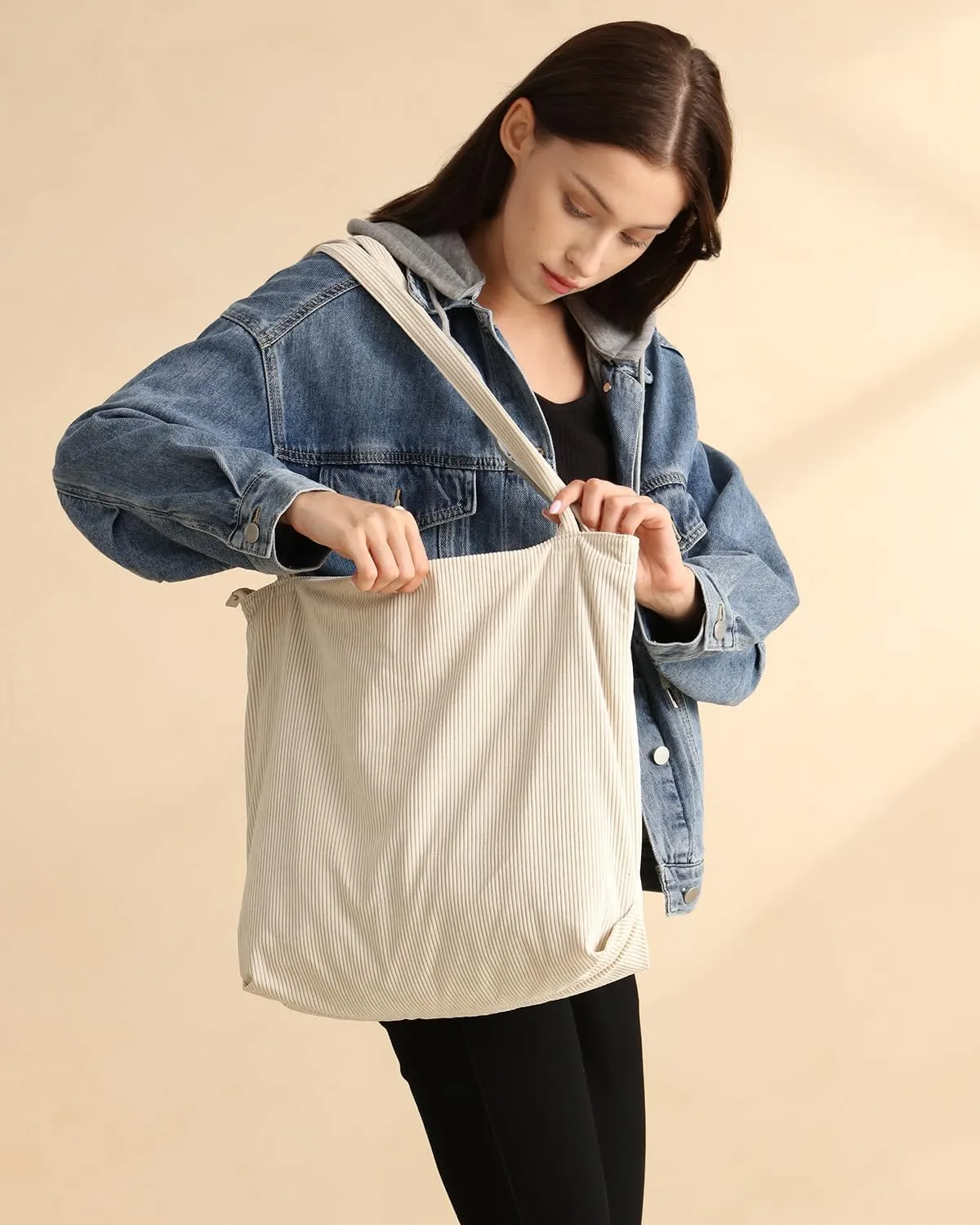 Iioscre Corduroy Tote Bag for Women,Hobo HandBags with Zipper,Large Capacity Casual Shoulder Handbags with Inner Pockets