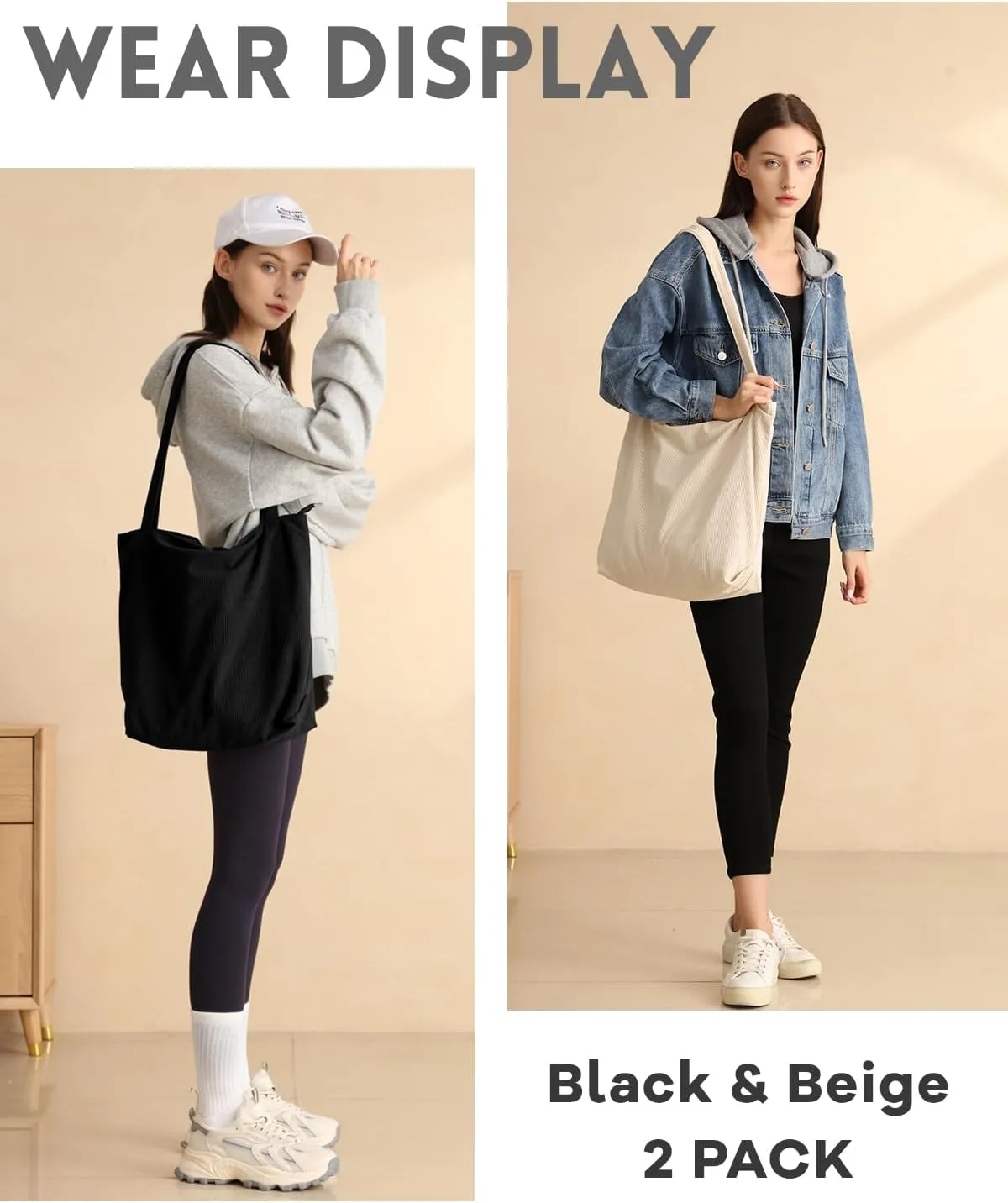 Iioscre Corduroy Tote Bag for Women,Hobo HandBags with Zipper,Large Capacity Casual Shoulder Handbags with Inner Pockets