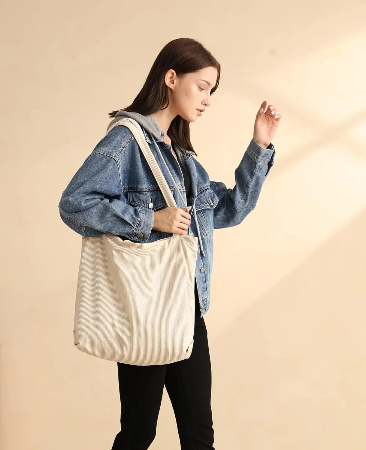 Iioscre Corduroy Tote Bag for Women,Hobo HandBags with Zipper,Large Capacity Casual Shoulder Handbags with Inner Pockets