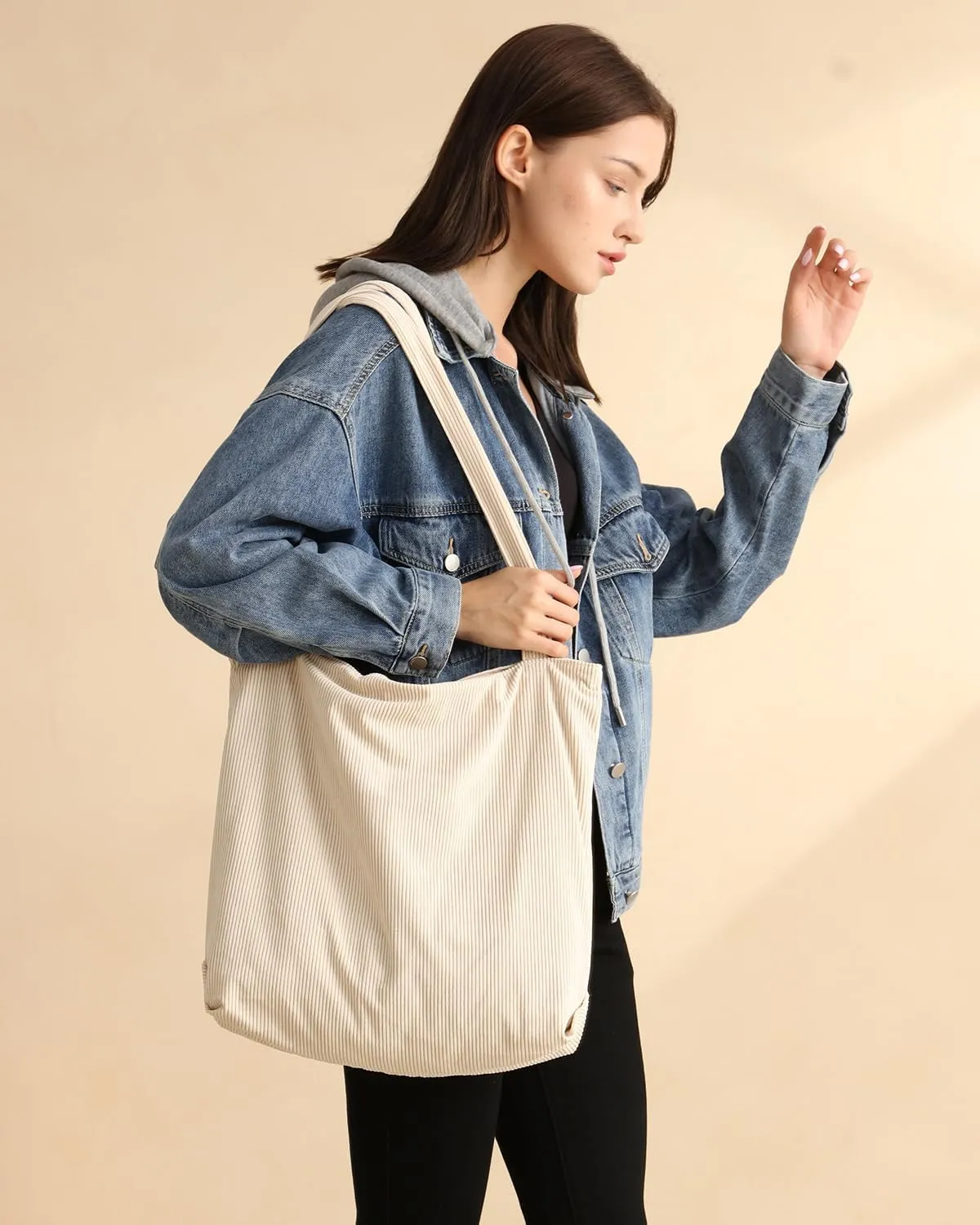 Iioscre Corduroy Tote Bag for Women,Hobo HandBags with Zipper,Large Capacity Casual Shoulder Handbags with Inner Pockets