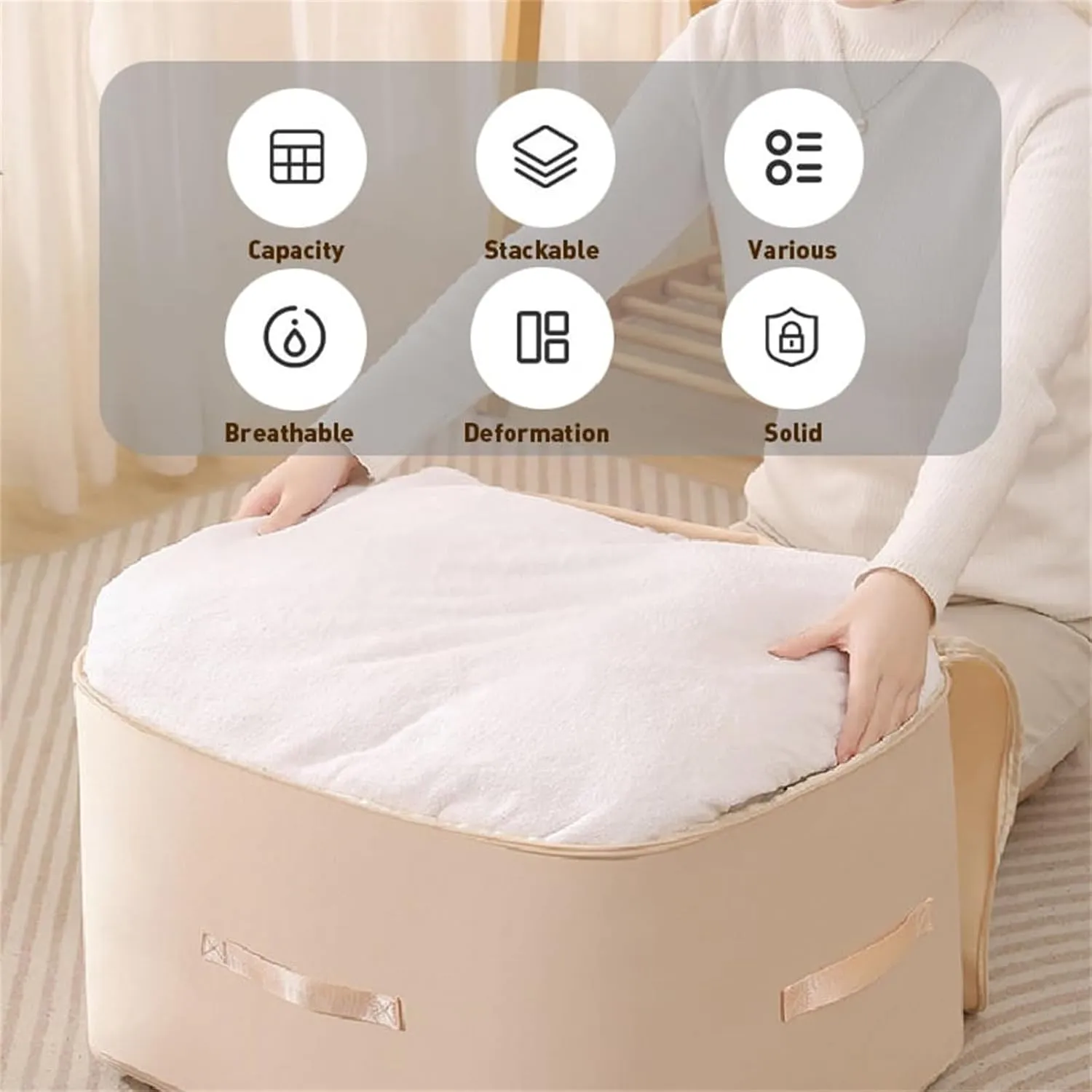 Implicationi Compression Organizer, Ultra Space Saving Self Compression Organizer, Heavy Duty Moving Bags for Comforters, Premium Comforter Storage Bag Packaging Cube (Apricot, Large)