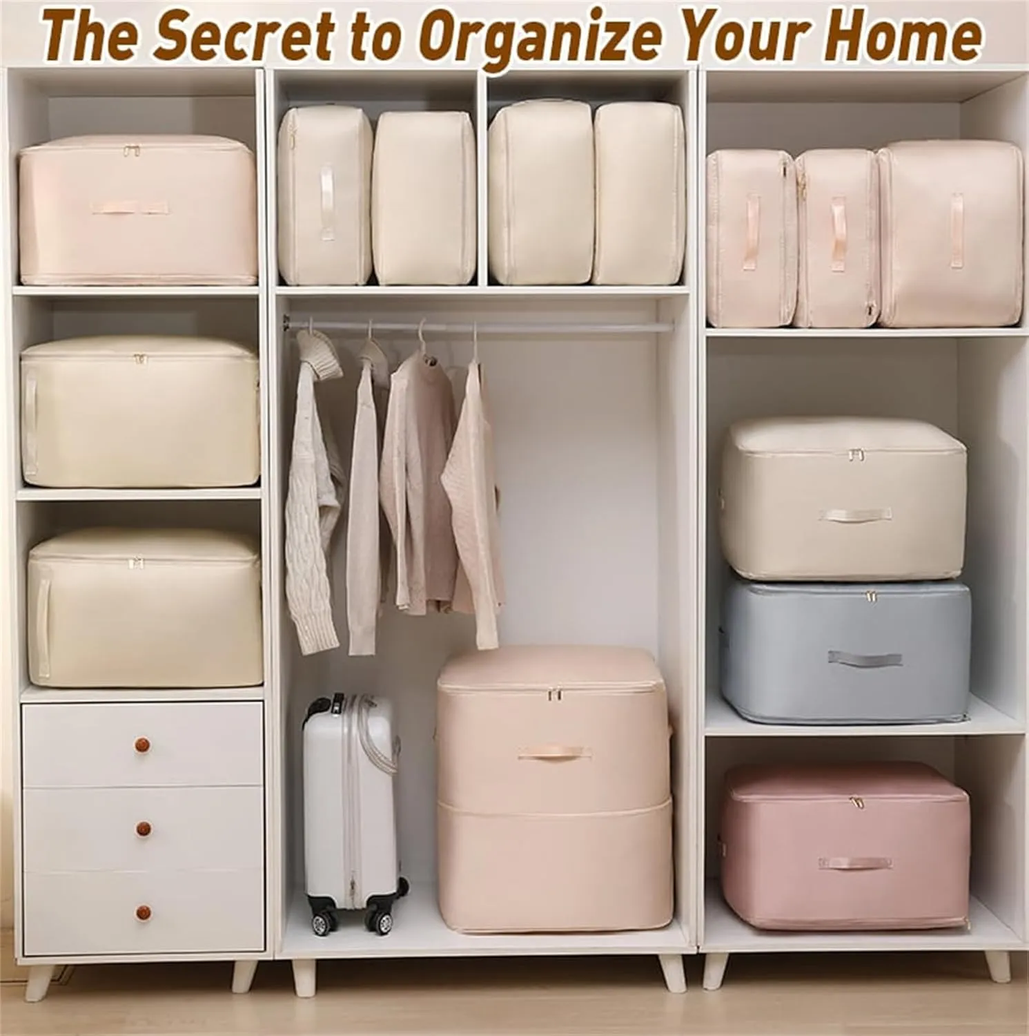 Implicationi Compression Organizer, Ultra Space Saving Self Compression Organizer, Heavy Duty Moving Bags for Comforters, Premium Comforter Storage Bag Packaging Cube (Apricot, Large)