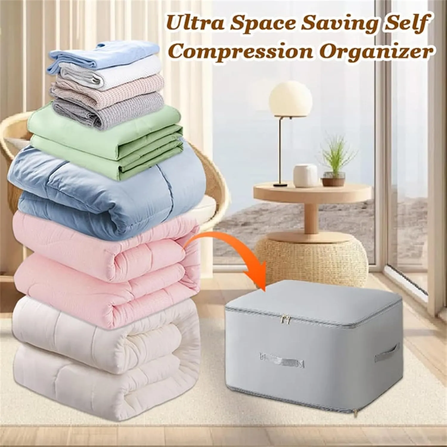 Implicationi Compression Organizer, Ultra Space Saving Self Compression Organizer, Heavy Duty Moving Bags for Comforters, Premium Comforter Storage Bag Packaging Cube (Apricot, Large)