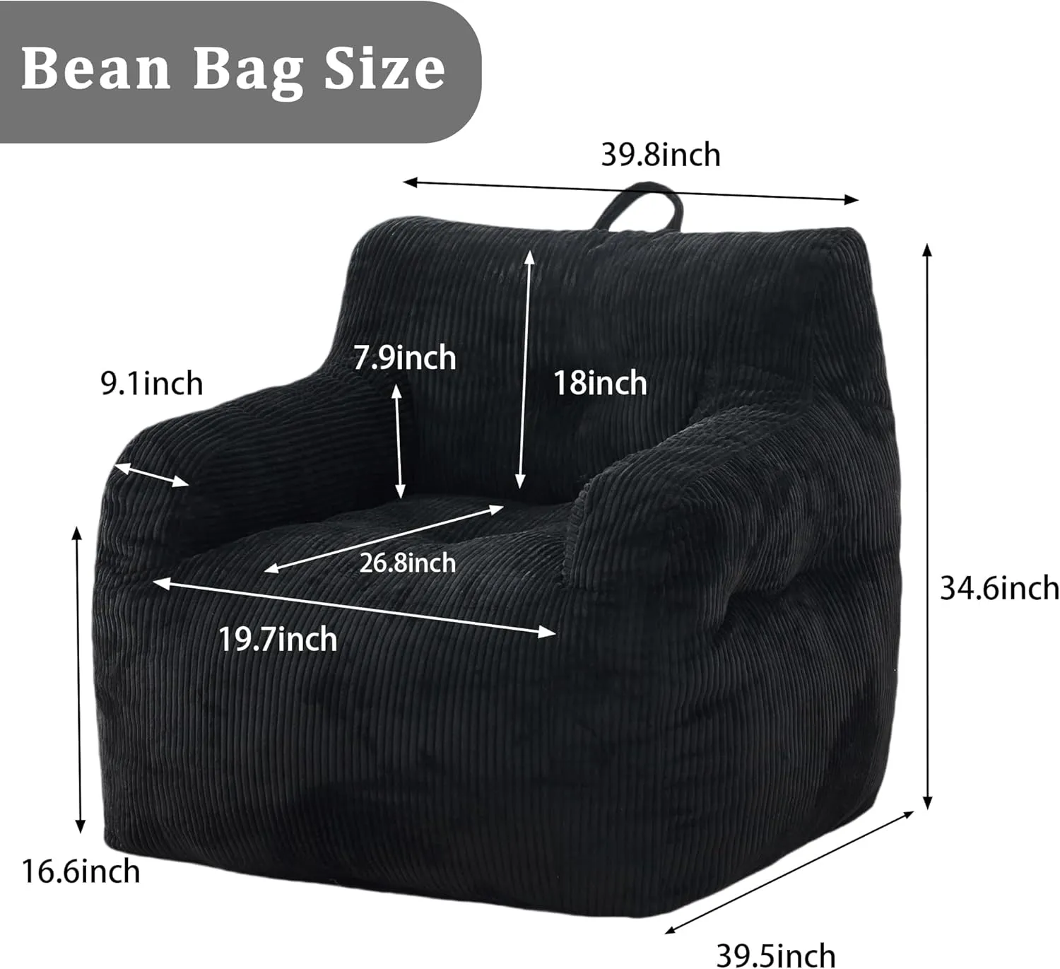 INMOZATA Bean Bag Chair, Corduroy Tufted Bean Bag Couch, Living Room Furniture Bean Bag Chair for Adults Kids, Comfy Lazy Sofa Accent Chair with Armrest for Reading, Stuffed with Filler(Black)