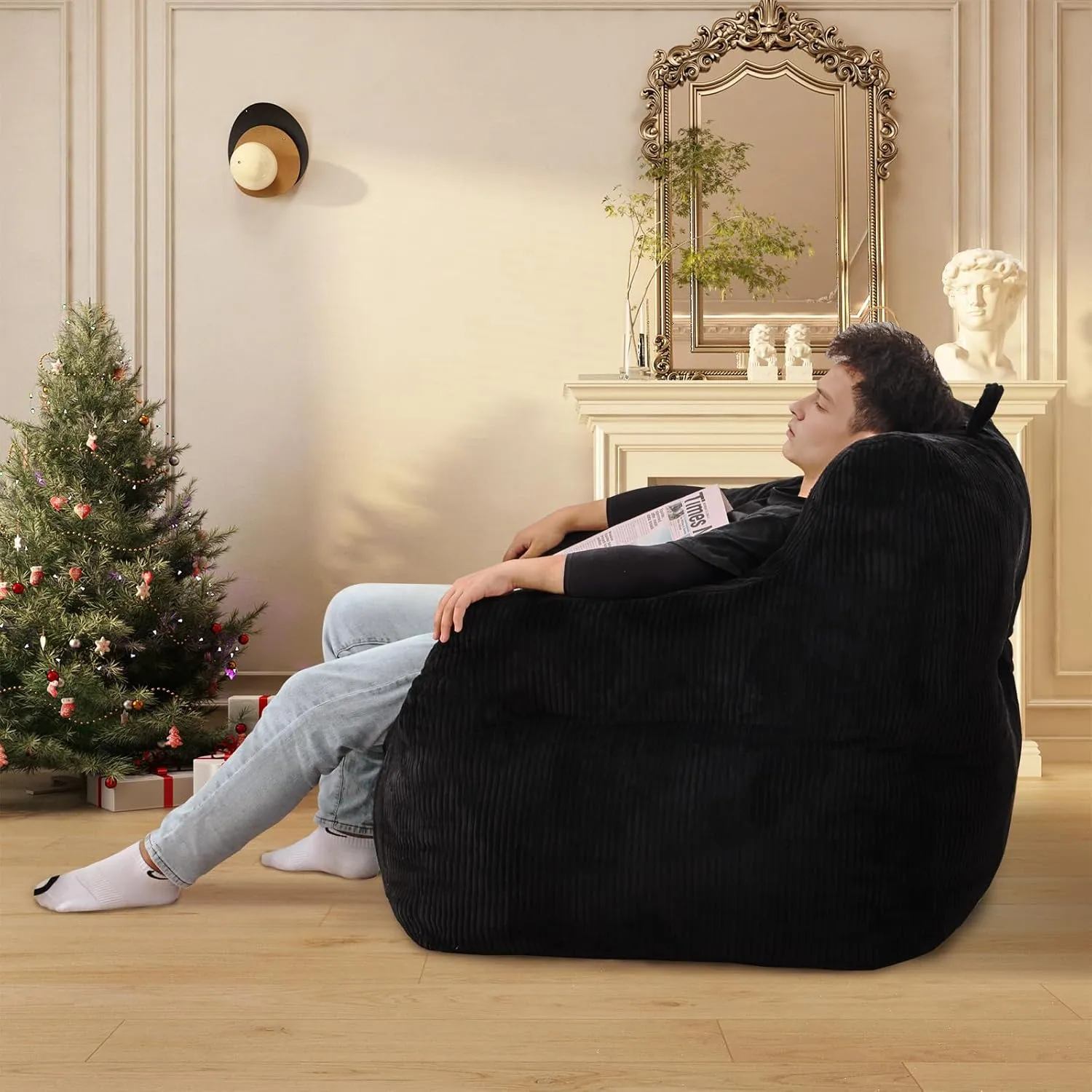 INMOZATA Bean Bag Chair, Corduroy Tufted Bean Bag Couch, Living Room Furniture Bean Bag Chair for Adults Kids, Comfy Lazy Sofa Accent Chair with Armrest for Reading, Stuffed with Filler(Black)
