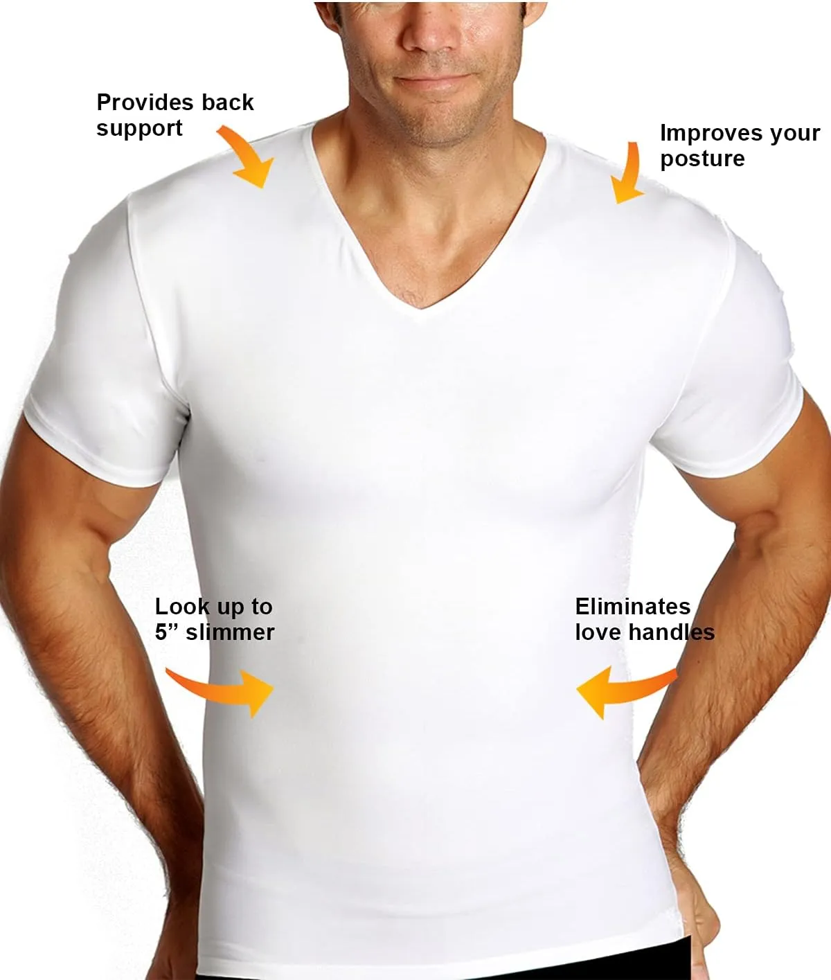 Insta Slim - Made in USA - Men’s Slimming Compression Body Shaper V-Neck for Back Support, Gynecomastia & Hernias