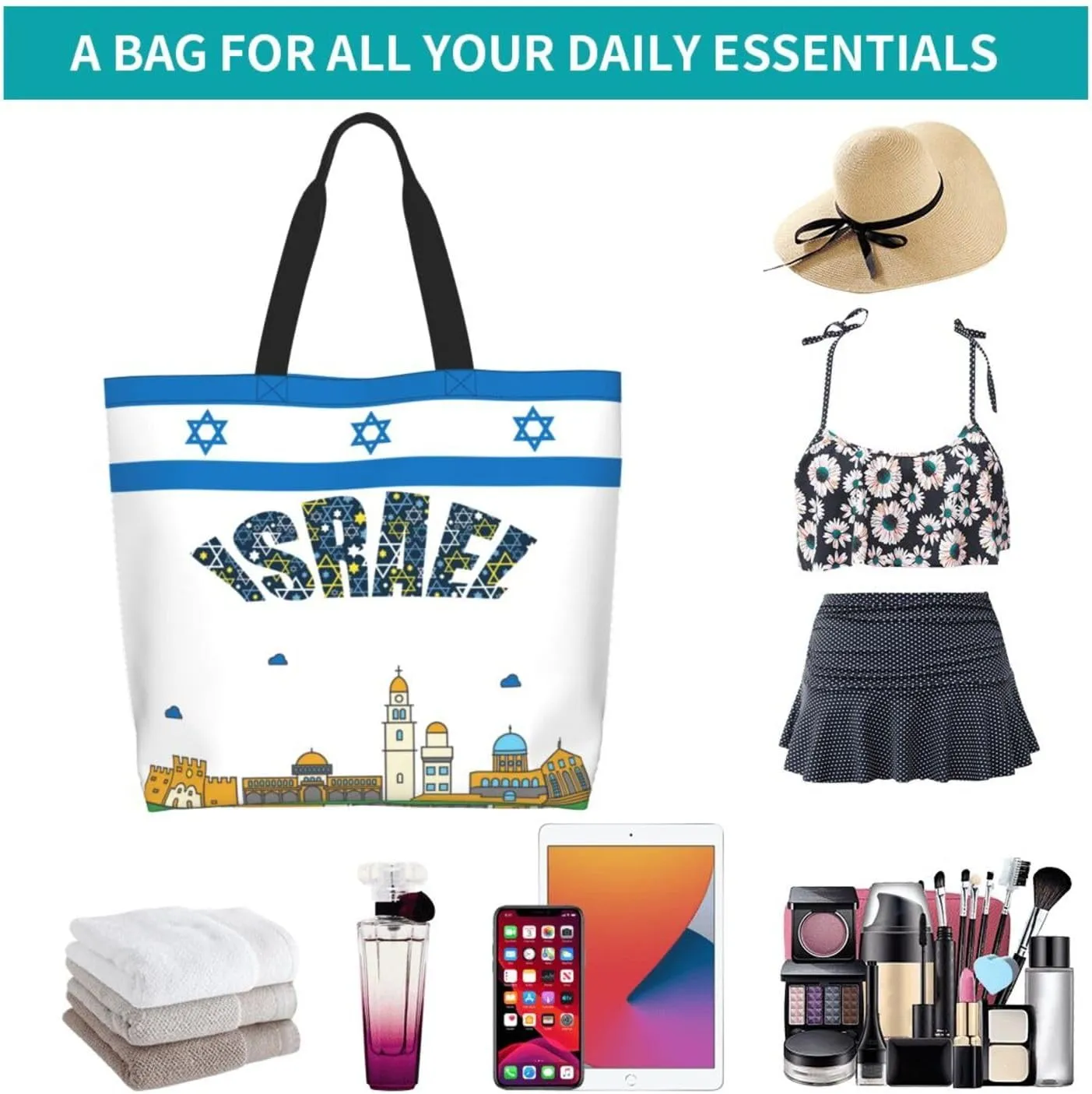 Israel Canvas Tote Bag Israelite Shoulder Bag Israel Flag Casual Grocery Bags Flag Bags for Israel Outdoor