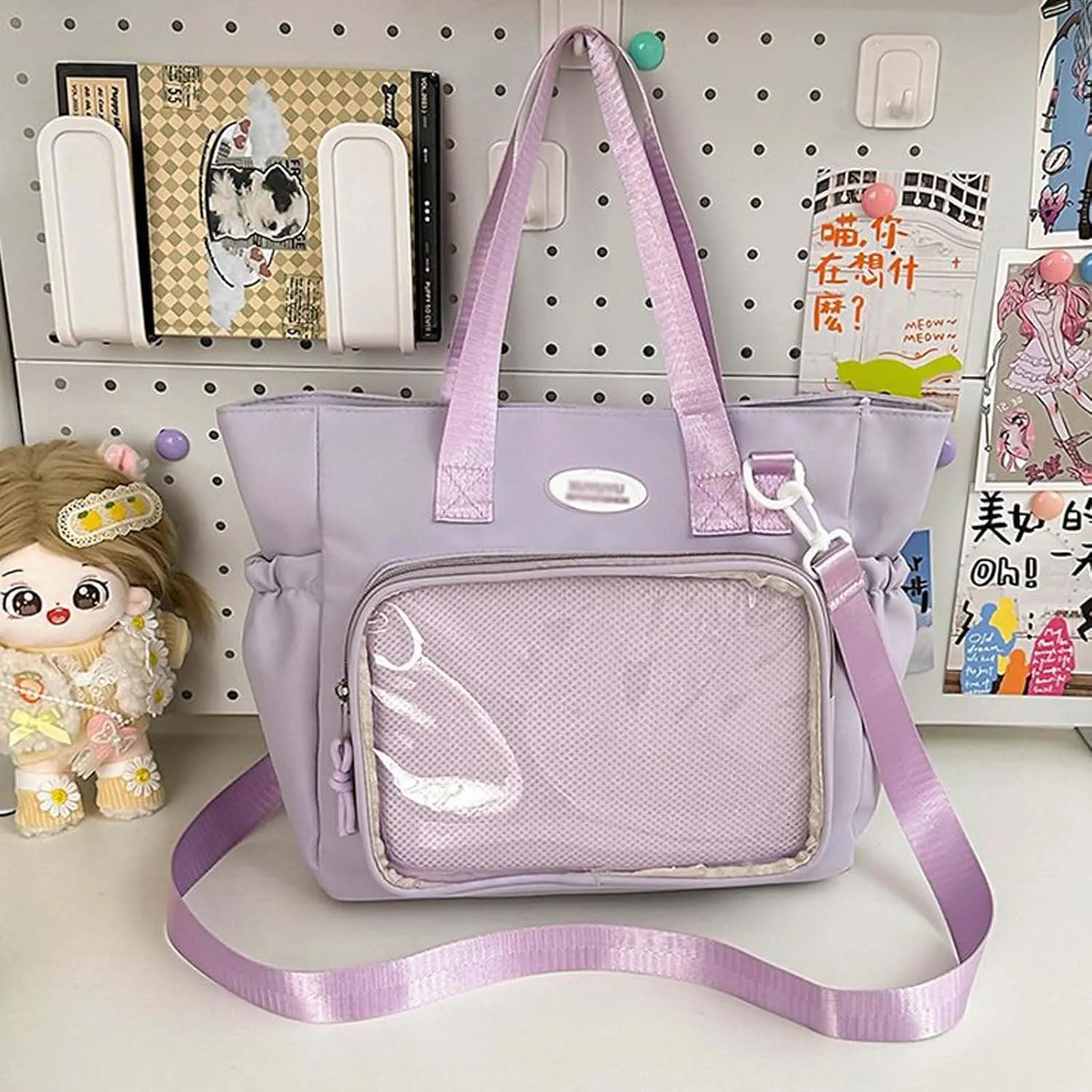 Ita Bag with Insert Canvas messenger bag Ita Tote Bag Clear Window for Pins Shoulder Bag