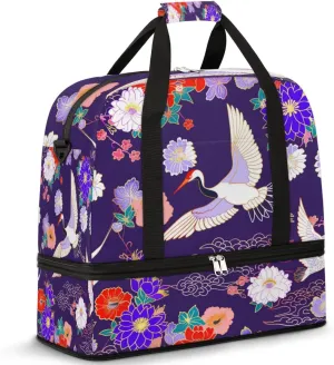 Japanese Crane Flower Travel Duffel Bag for Women Men, Vintage Floral Sports Gym Bag with Shoes Compartment Foldable Overnight Bag Weekender Tote Workout Carry On Luggage Bag