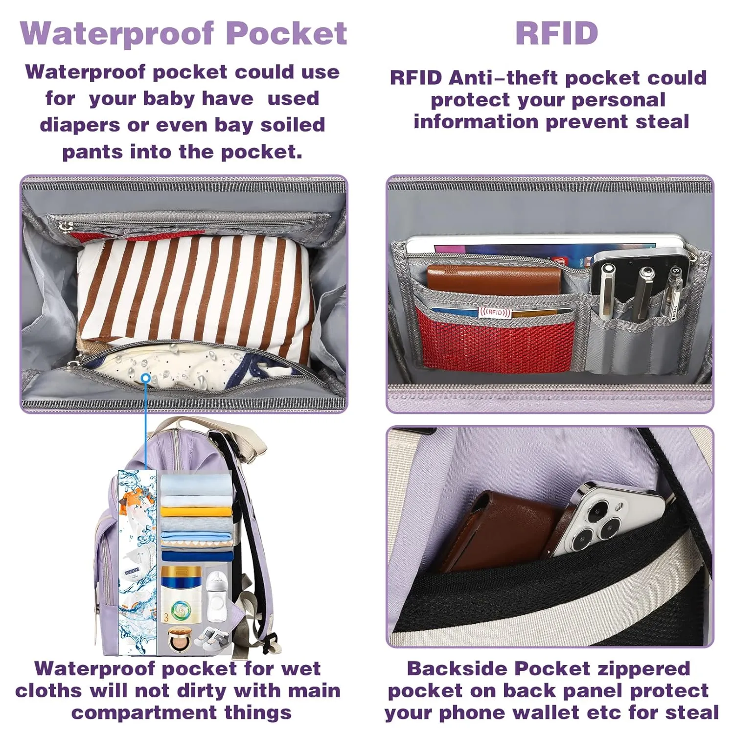 Jiefeike Diaper Bag Backpack,Purple Travel Backpack for Dad Mom Boys Girls,Insulated Pockets Portable Baby Nappy Bags with USB Charging Port,RFID Anti-Theft Water-Resistant Pocket Stroller Straps