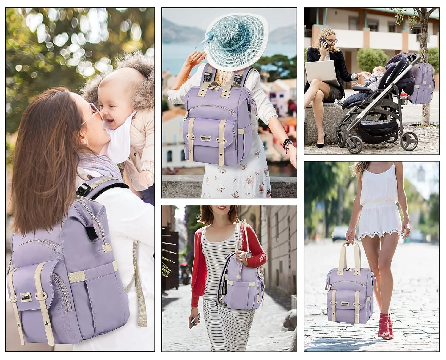 Jiefeike Diaper Bag Backpack,Purple Travel Backpack for Dad Mom Boys Girls,Insulated Pockets Portable Baby Nappy Bags with USB Charging Port,RFID Anti-Theft Water-Resistant Pocket Stroller Straps