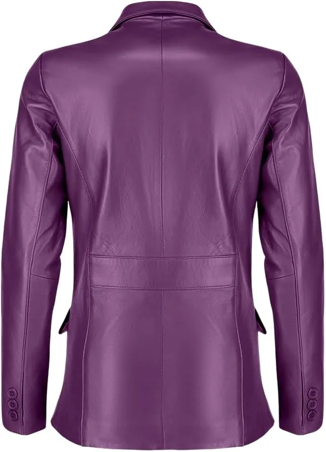 Jild Classic 2-Button Lambskin Leather Blazer Women - Casual Coat Long Sleeves Suit Style Leather Jacket Women