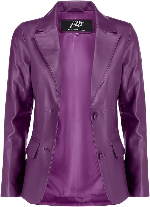 Jild Classic 2-Button Lambskin Leather Blazer Women - Casual Coat Long Sleeves Suit Style Leather Jacket Women