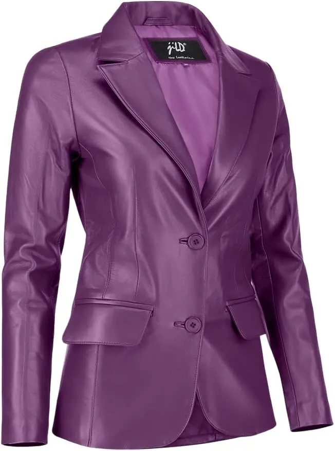 Jild Classic 2-Button Lambskin Leather Blazer Women - Casual Coat Long Sleeves Suit Style Leather Jacket Women