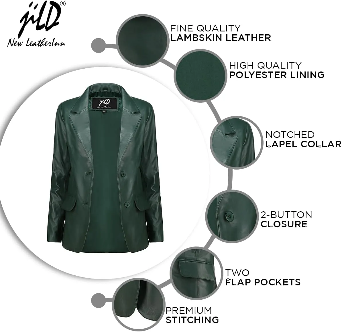 Jild Classic 2-Button Lambskin Leather Blazer Women - Casual Coat Long Sleeves Suit Style Leather Jacket Women