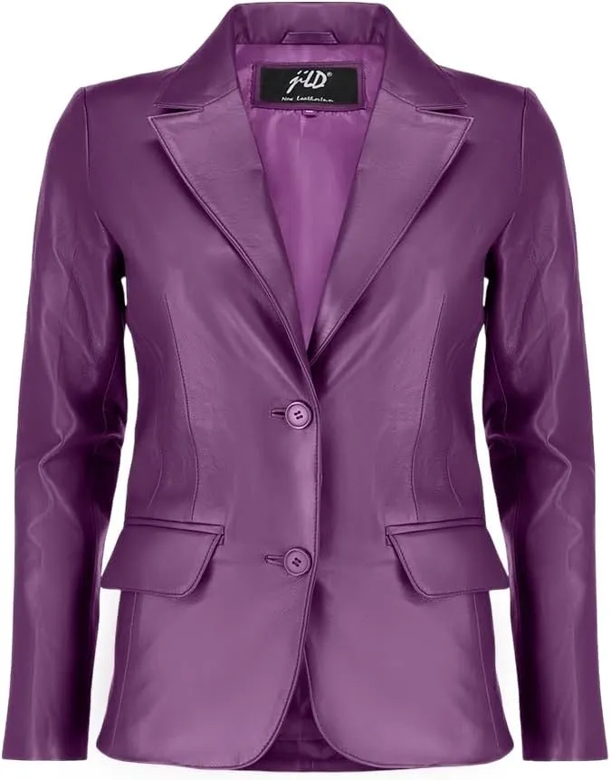 Jild Classic 2-Button Lambskin Leather Blazer Women - Casual Coat Long Sleeves Suit Style Leather Jacket Women