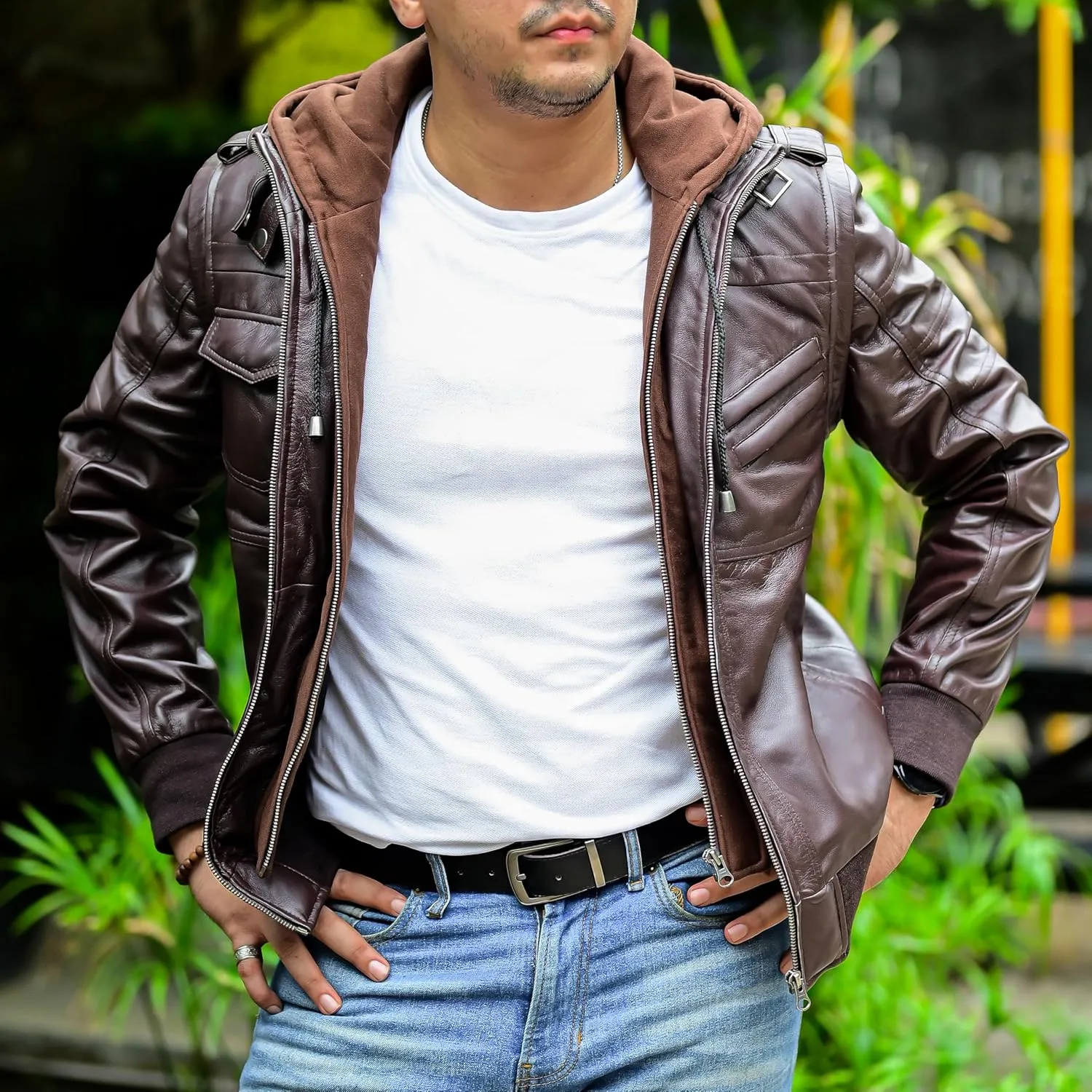 Jild Hooded 2.0 Leather Jacket Men - Genuine Lambskin Leather Bomber Jacket with Removable Hood for Mens Fashion