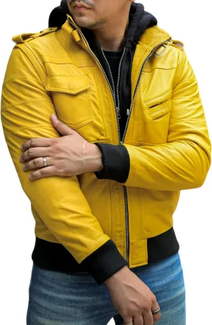 Jild Hooded 2.0 Leather Jacket Men - Genuine Lambskin Leather Bomber Jacket with Removable Hood for Mens Fashion
