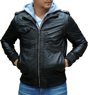 Jild Hooded 2.0 Leather Jacket Men - Genuine Lambskin Leather Bomber Jacket with Removable Hood for Mens Fashion