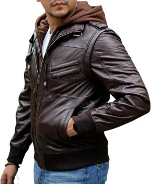 Jild Hooded 2.0 Leather Jacket Men - Genuine Lambskin Leather Bomber Jacket with Removable Hood for Mens Fashion