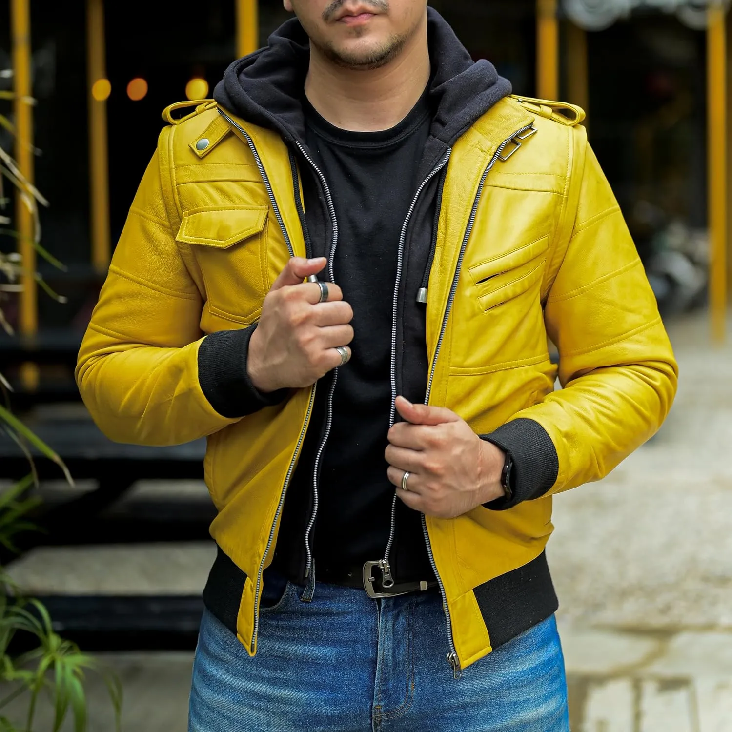 Jild Hooded 2.0 Leather Jacket Men - Genuine Lambskin Leather Bomber Jacket with Removable Hood for Mens Fashion