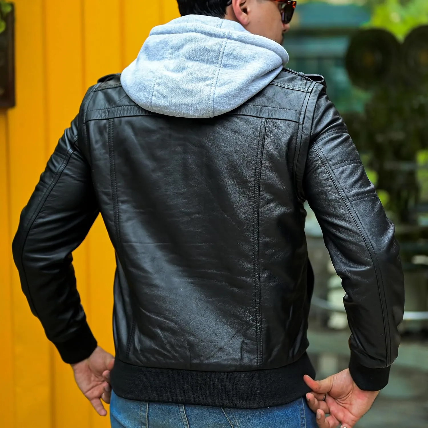 Jild Hooded 2.0 Leather Jacket Men - Genuine Lambskin Leather Bomber Jacket with Removable Hood for Mens Fashion