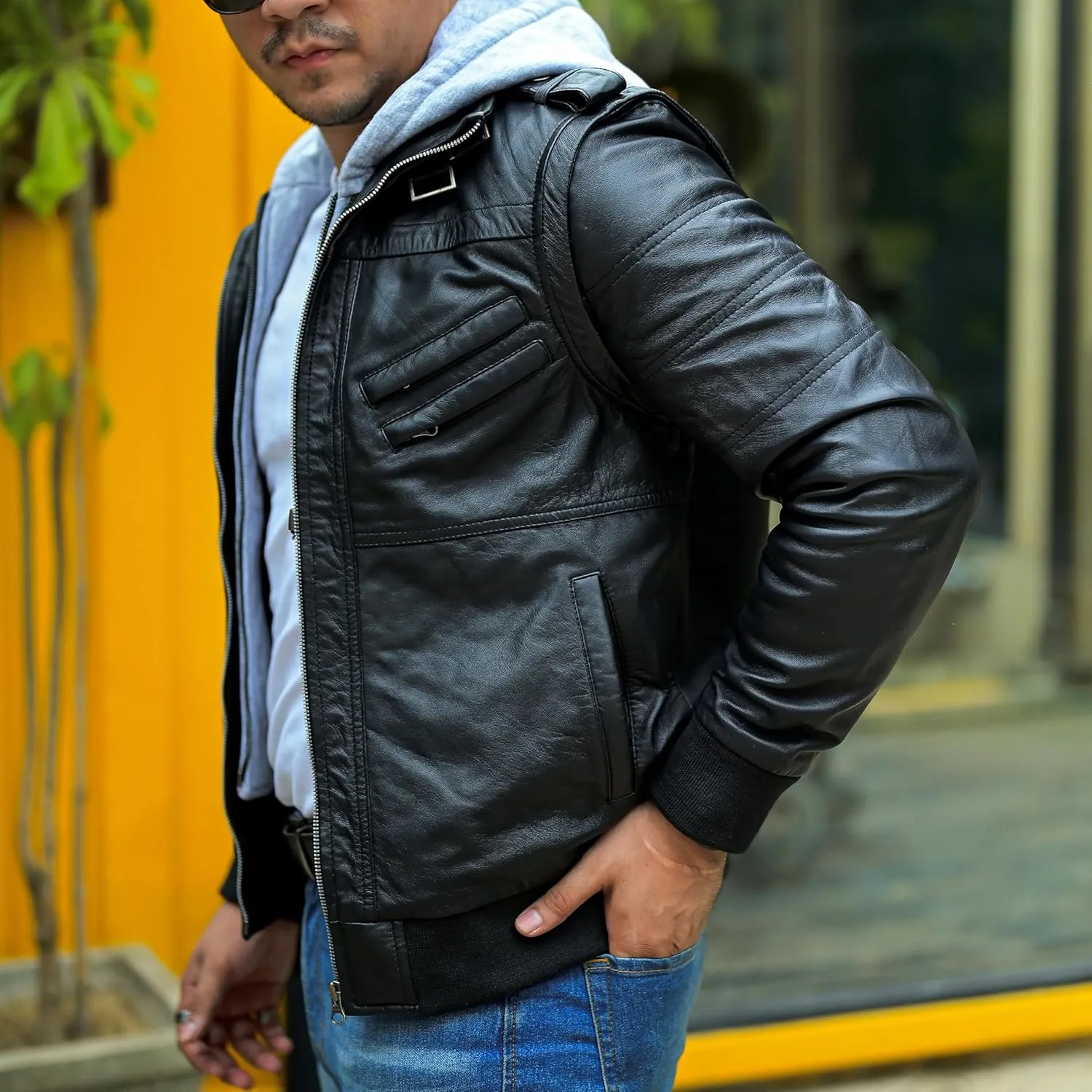 Jild Hooded 2.0 Leather Jacket Men - Genuine Lambskin Leather Bomber Jacket with Removable Hood for Mens Fashion