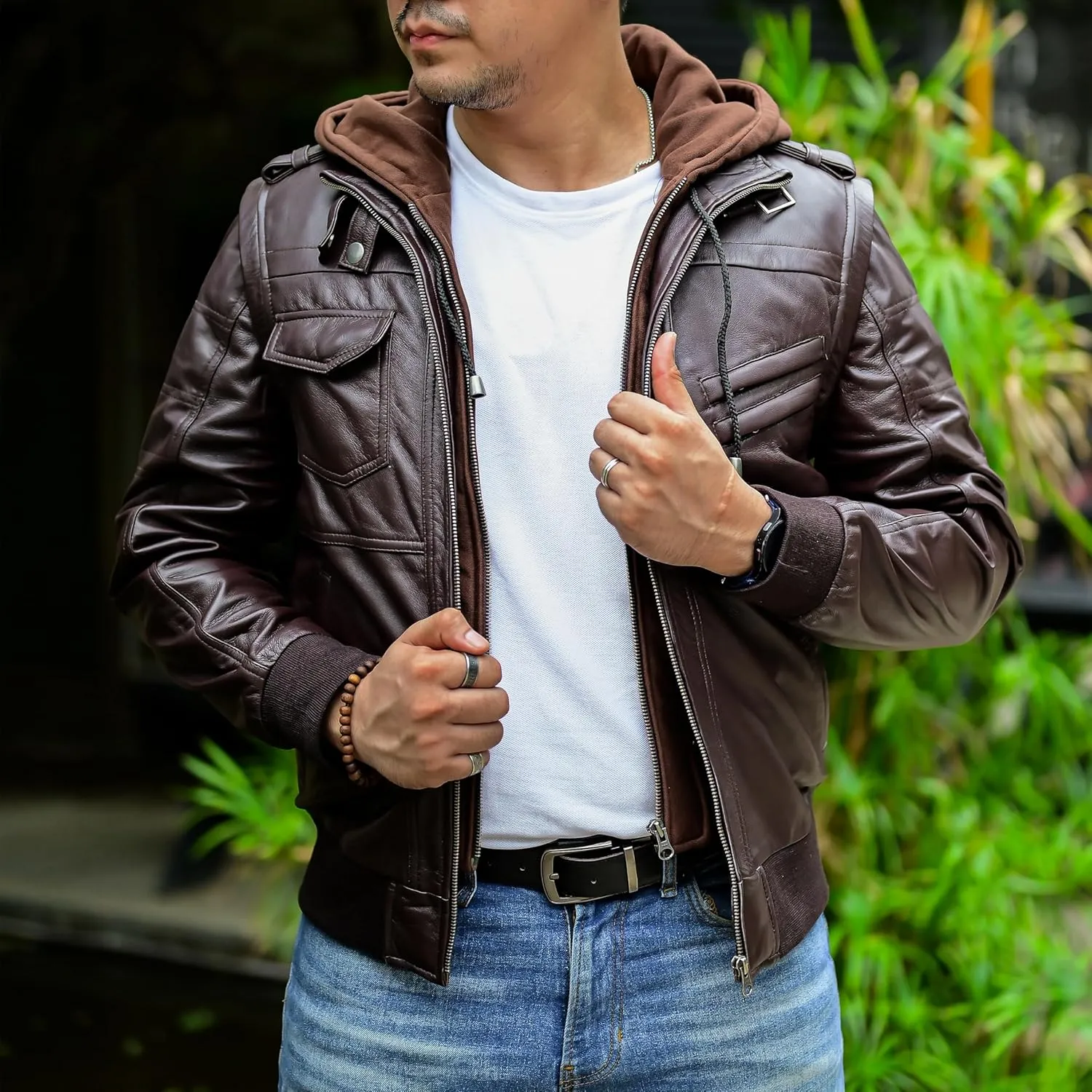 Jild Hooded 2.0 Leather Jacket Men - Genuine Lambskin Leather Bomber Jacket with Removable Hood for Mens Fashion