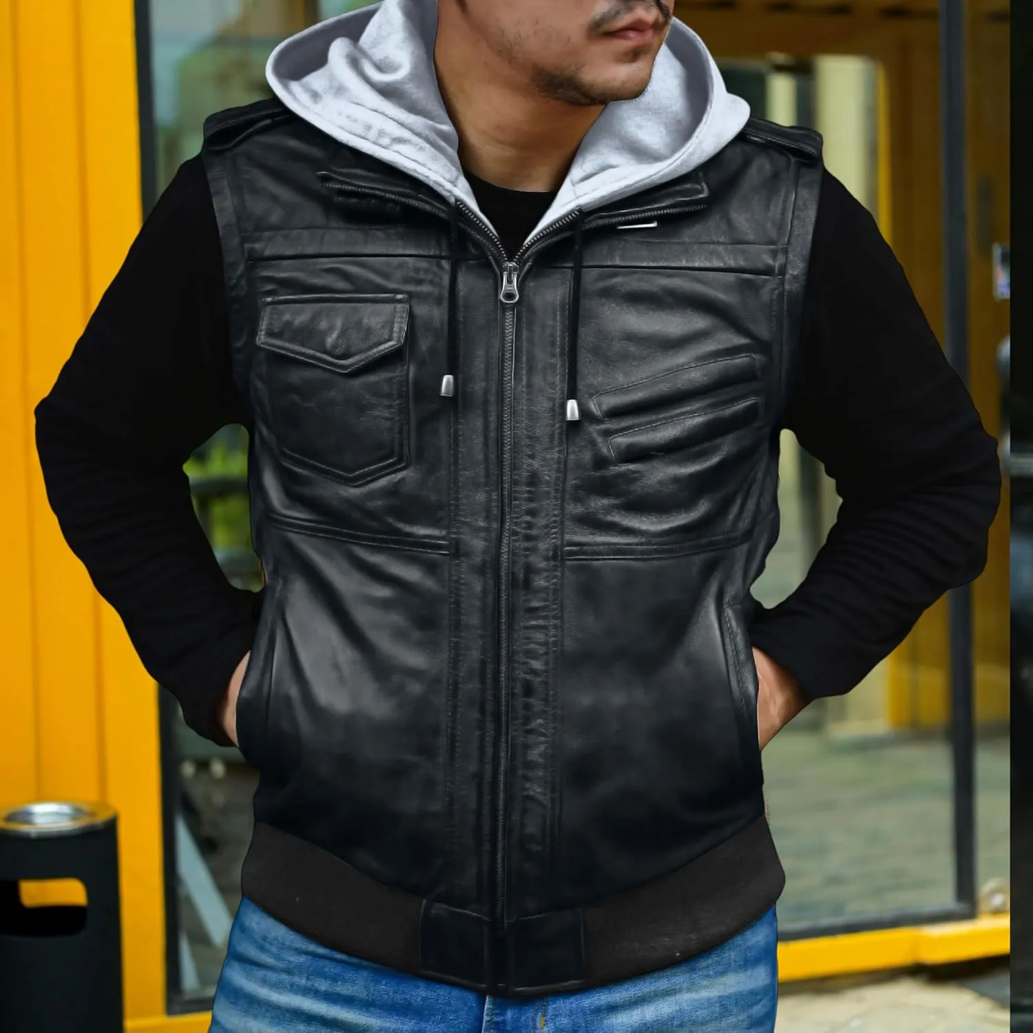 Jild Hooded 2.0 Leather Jacket Men - Genuine Lambskin Leather Bomber Jacket with Removable Hood for Mens Fashion