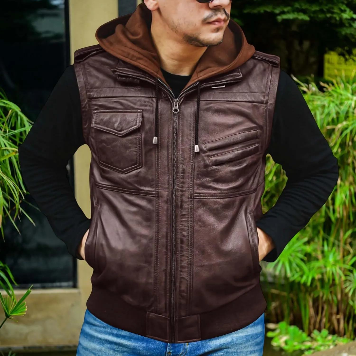 Jild Hooded 2.0 Leather Jacket Men - Genuine Lambskin Leather Bomber Jacket with Removable Hood for Mens Fashion