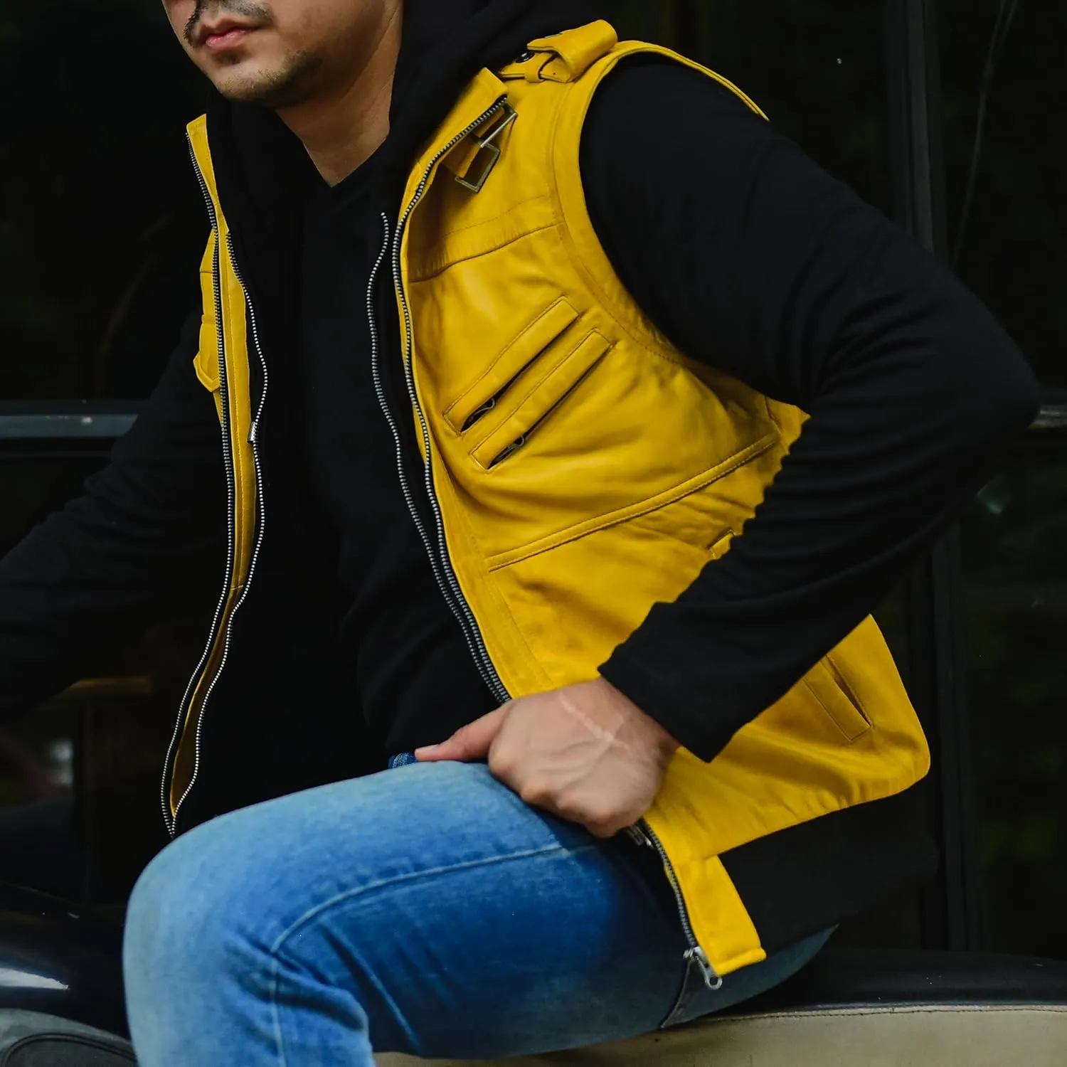 Jild Hooded 2.0 Leather Jacket Men - Genuine Lambskin Leather Bomber Jacket with Removable Hood for Mens Fashion