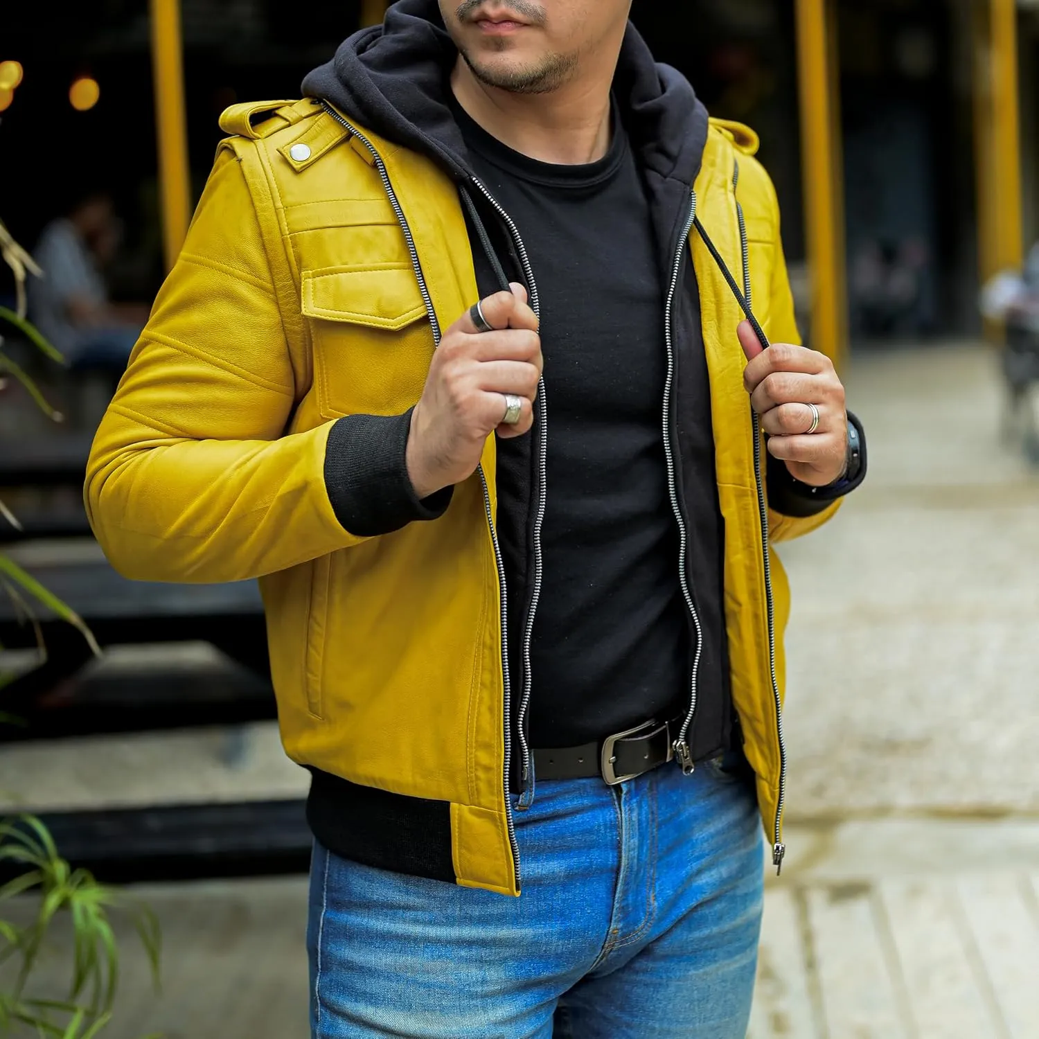 Jild Hooded 2.0 Leather Jacket Men - Genuine Lambskin Leather Bomber Jacket with Removable Hood for Mens Fashion