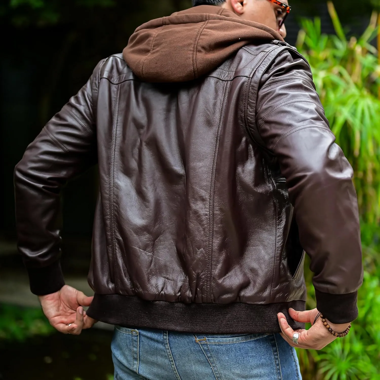 Jild Hooded 2.0 Leather Jacket Men - Genuine Lambskin Leather Bomber Jacket with Removable Hood for Mens Fashion